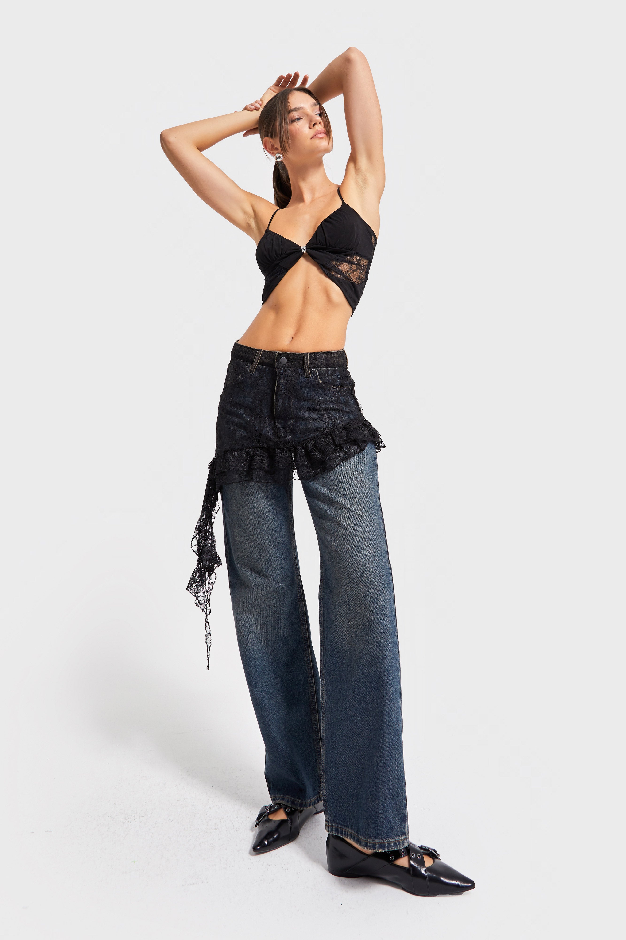Kadın Kot Rengi 2w5-8 Straight Fit %100 Koton Dantel Detaylı Etek Özel Tasarım Denim Jean