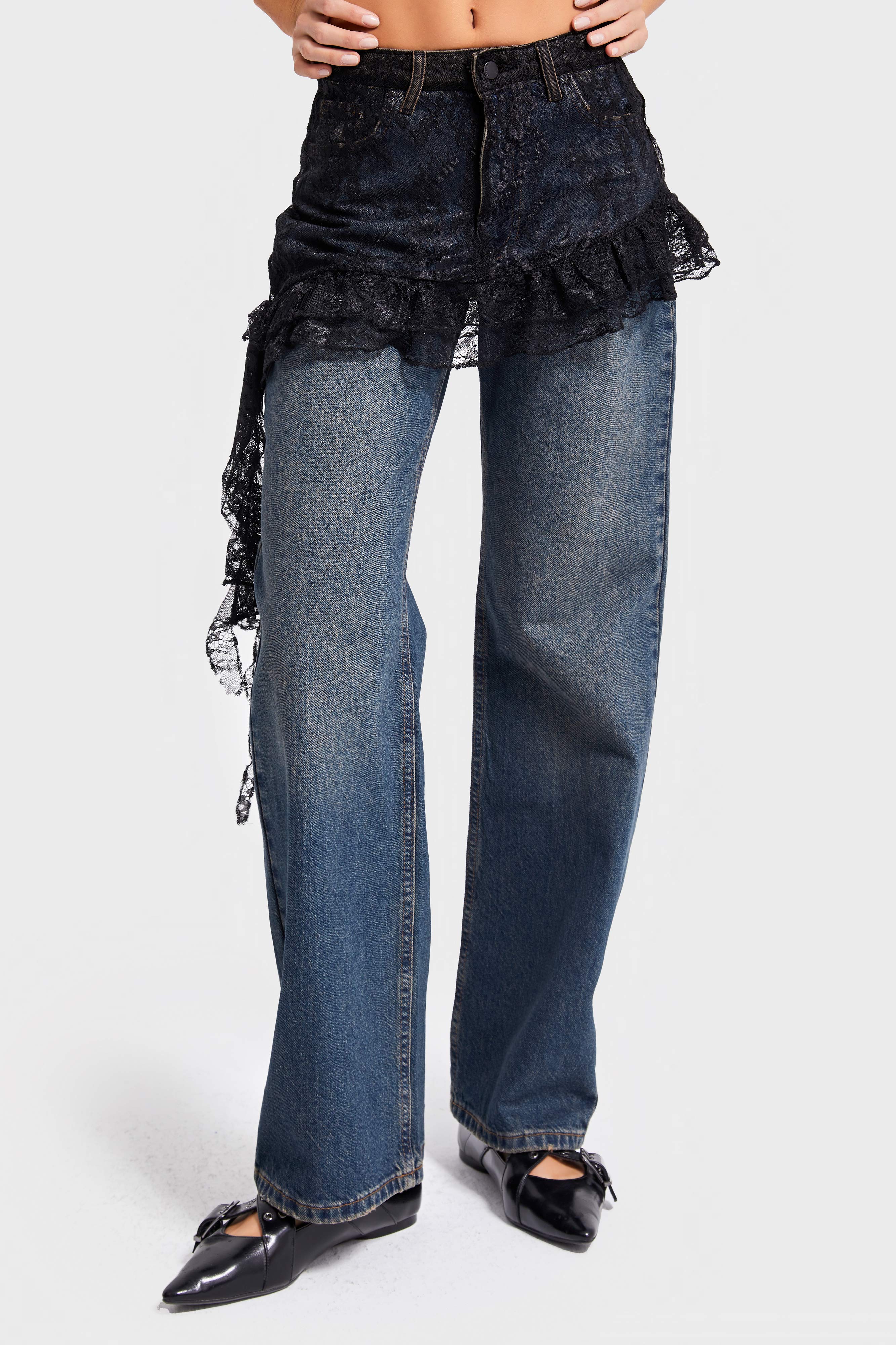 Kadın Kot Rengi 2w5-8 Straight Fit %100 Koton Dantel Detaylı Etek Özel Tasarım Denim Jean