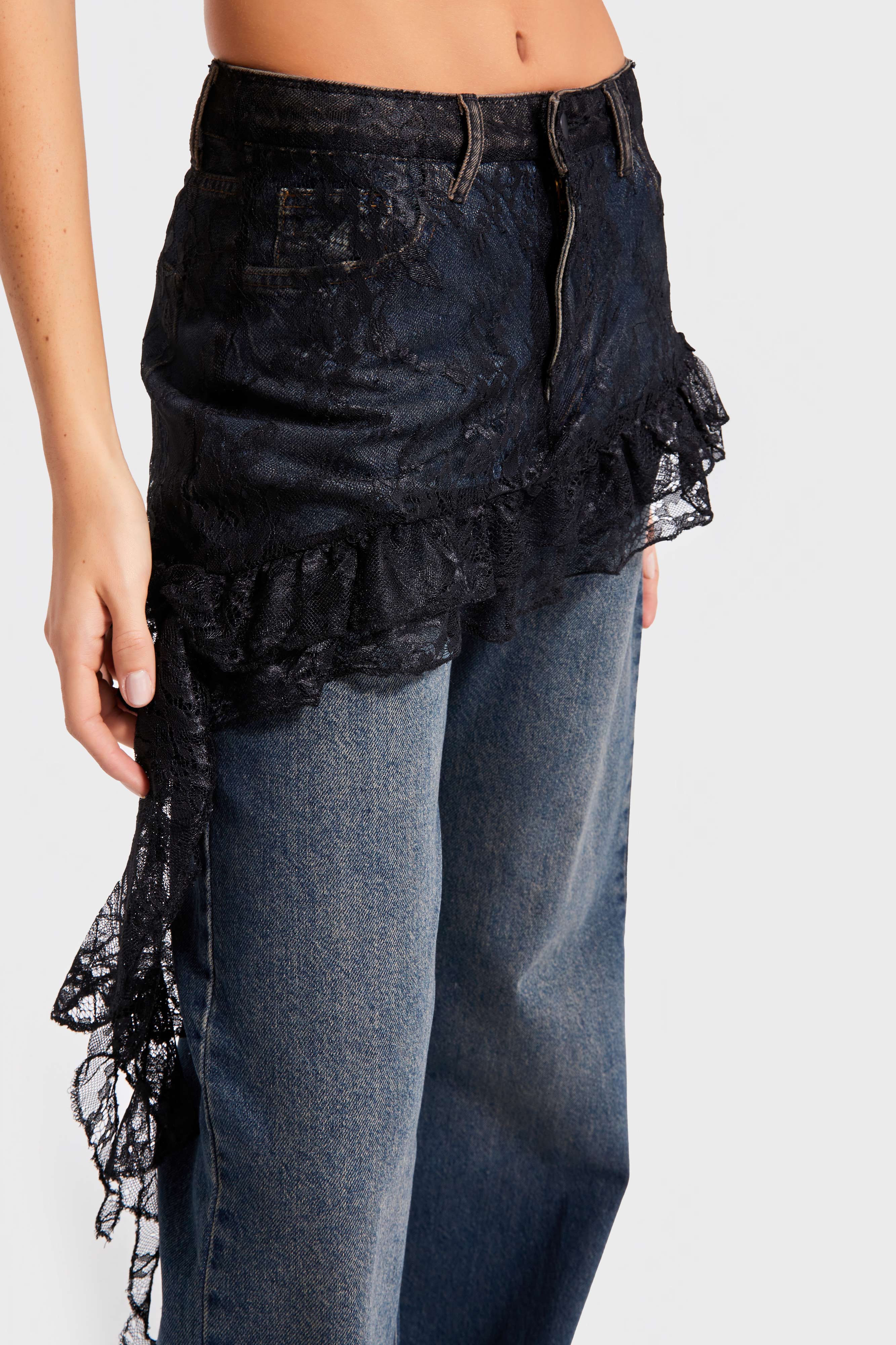 Kadın Kot Rengi 2w5-8 Straight Fit %100 Koton Dantel Detaylı Etek Özel Tasarım Denim Jean