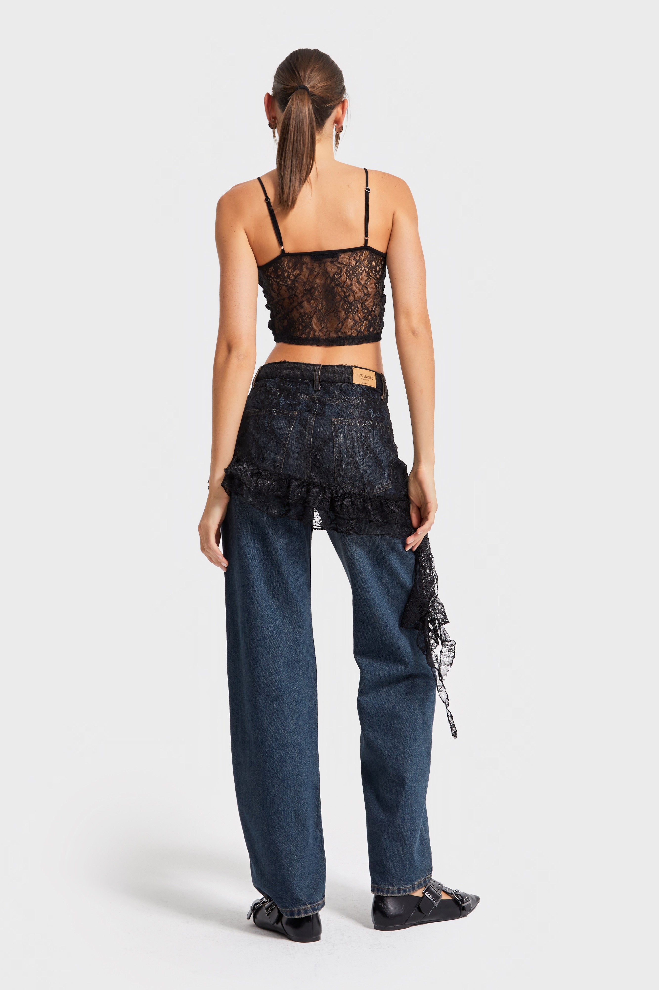 Kadın Kot Rengi 2w5-8 Straight Fit %100 Koton Dantel Detaylı Etek Özel Tasarım Denim Jean