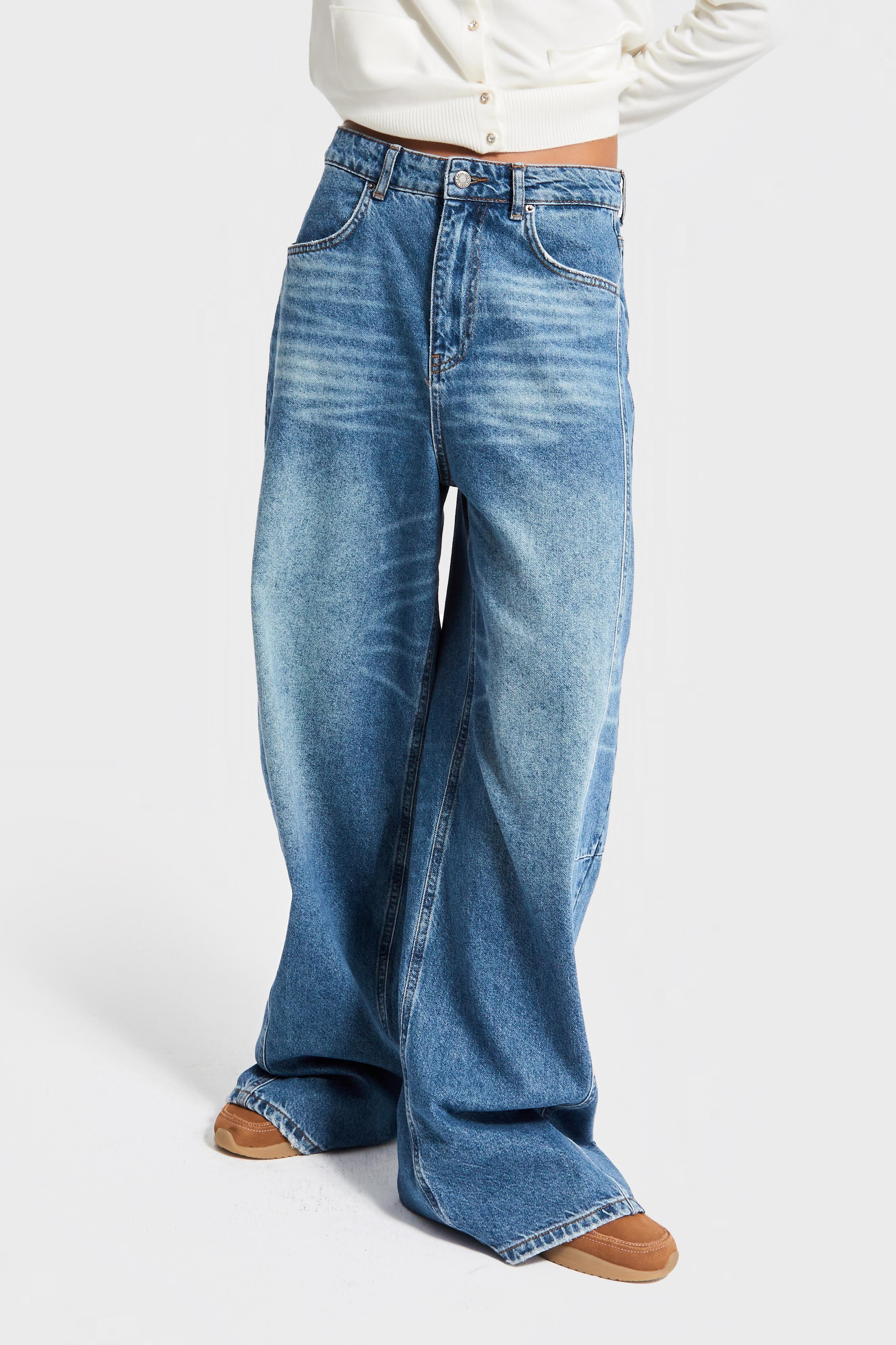 Kadın Kot Rengi 2w5-80 Mega Baggy Fit Nakış Detaylı %100 Koton Denim Jean
