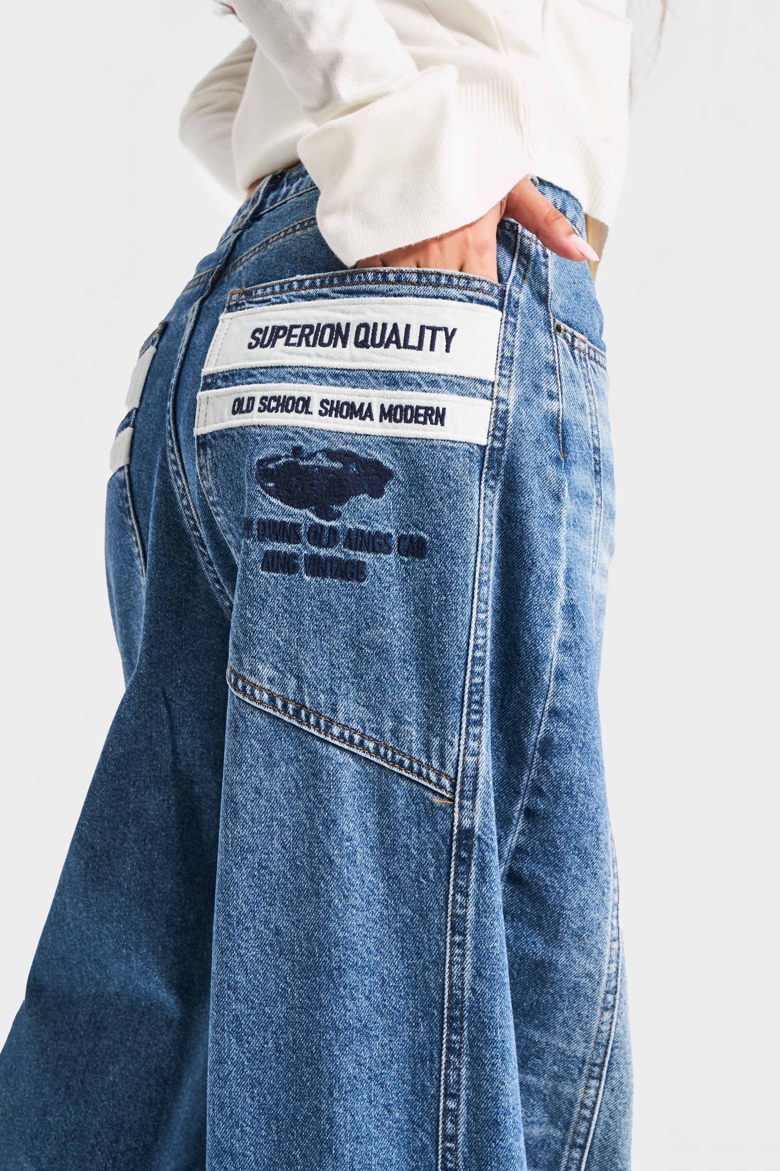 Kadın Kot Rengi 2w5-80 Mega Baggy Fit Nakış Detaylı %100 Koton Denim Jean
