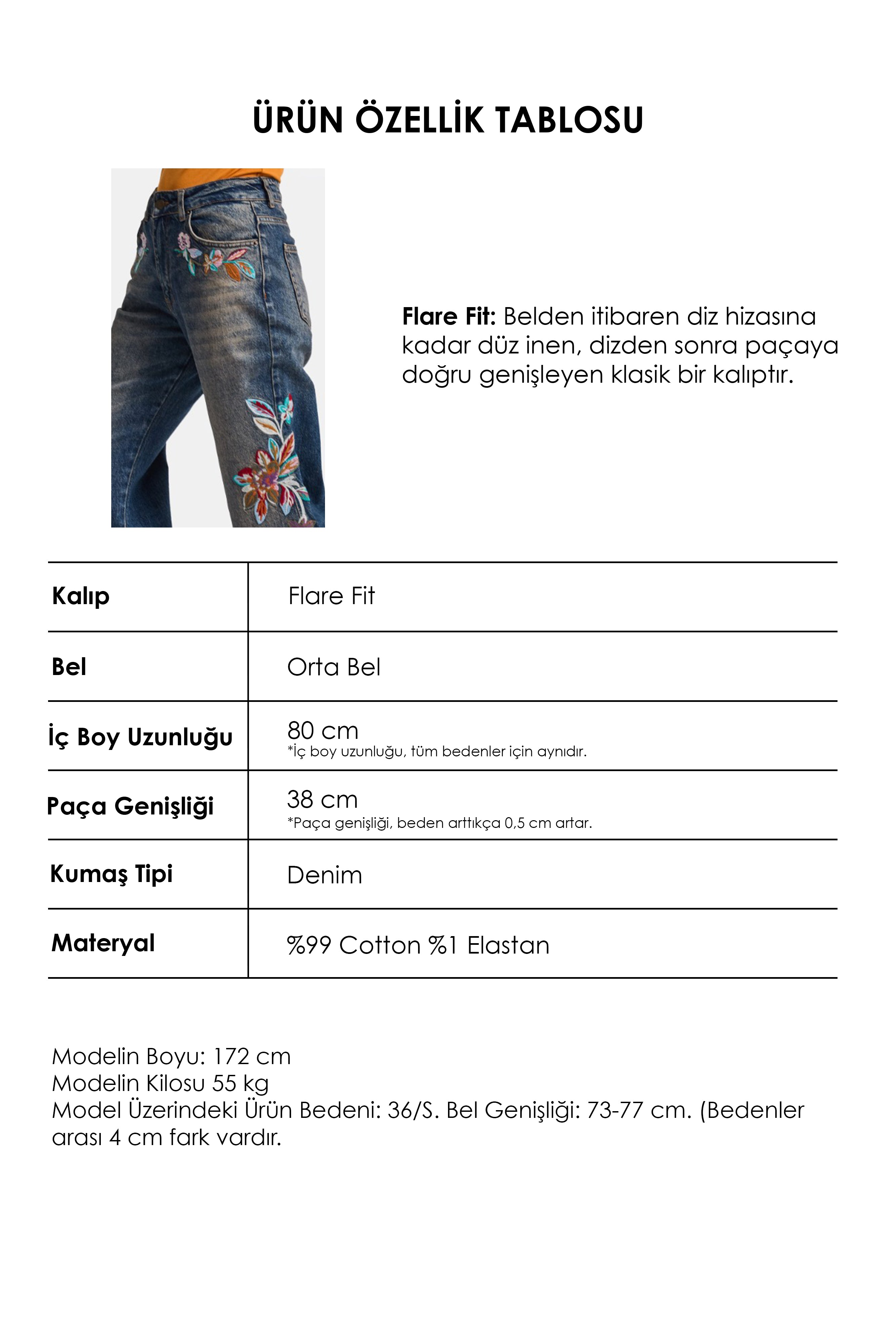 Kadın Kot Rengi 2w6-8 Flare Fit Nakış Detaylı Komfort Kumaş Özel Tasarım Denim Jean