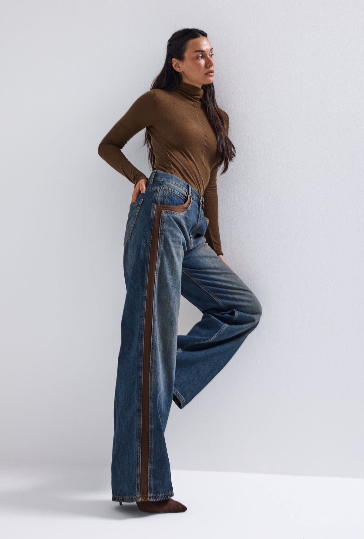 Kadın Kot Rengi 2w6-8 Straight Fit Kahve Çift Parça Özel Tasarım Denim Jean