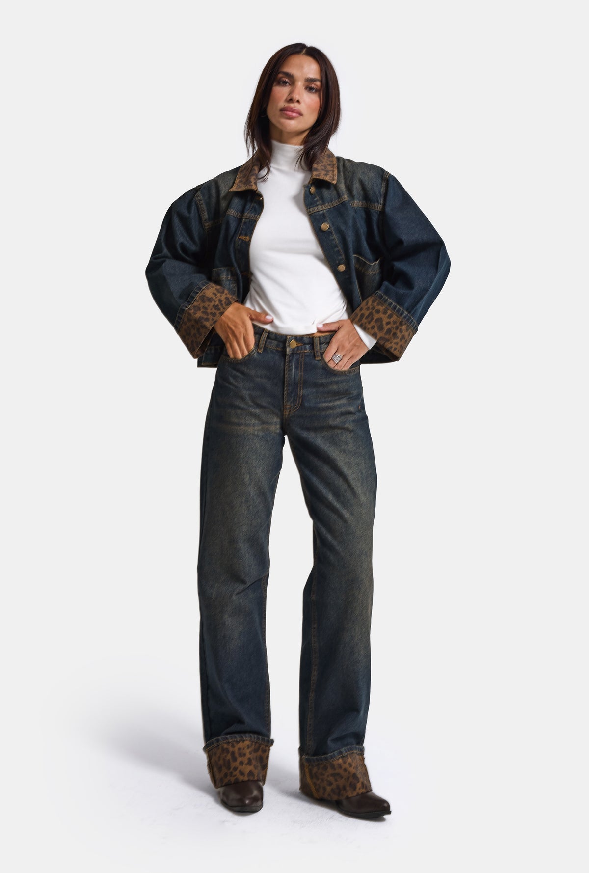 Kadın Kot Rengi 2w6-8 Straight Turn Up Paça Leopar Detaylı Tasarım Denim Jean