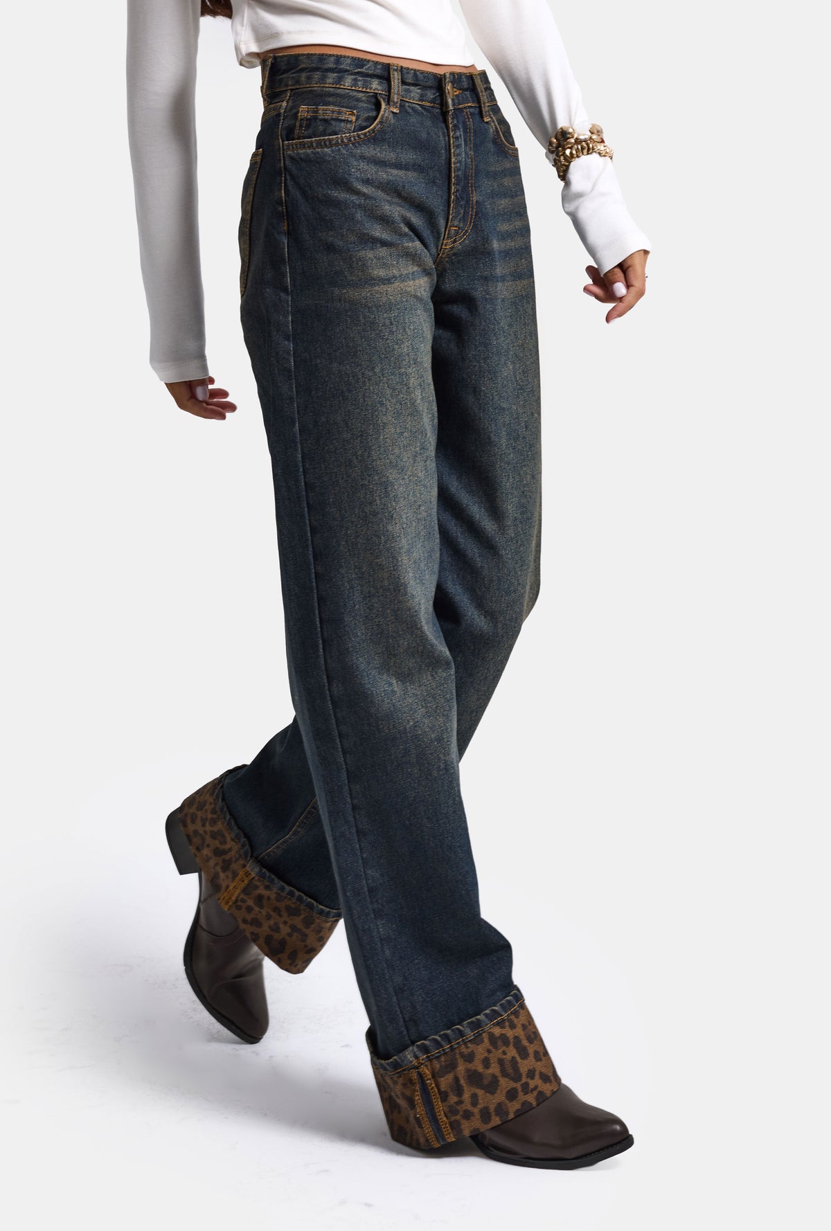 Kadın Kot Rengi 2w6-8 Straight Turn Up Paça Leopar Detaylı Tasarım Denim Jean