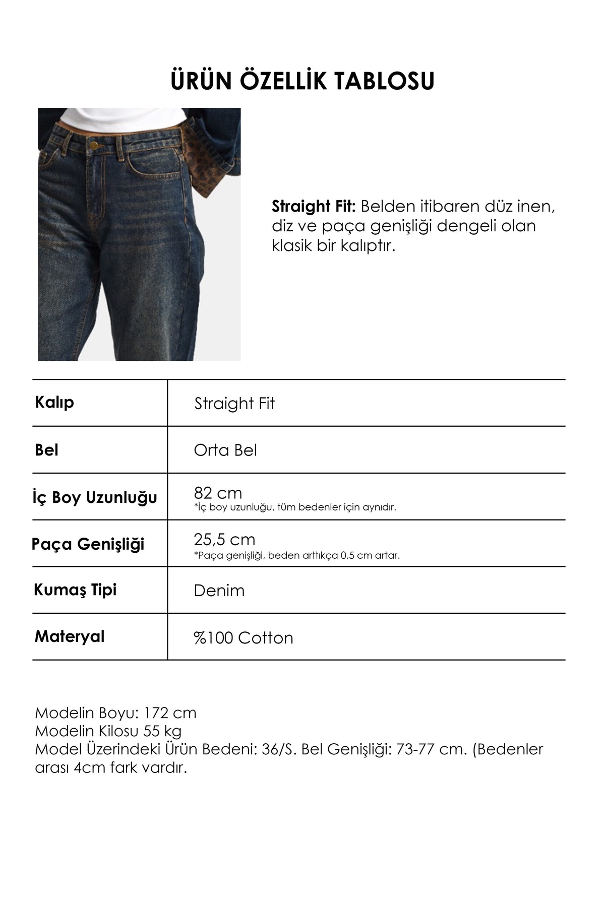 Kadın Kot Rengi 2w6-8 Straight Turn Up Paça Leopar Detaylı Tasarım Denim Jean