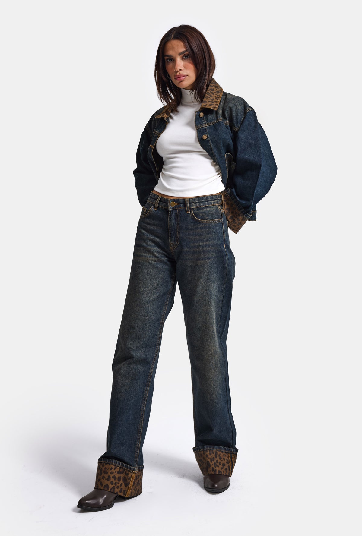 Kadın Kot Rengi 2w6-8 Straight Turn Up Paça Leopar Detaylı Tasarım Denim Jean