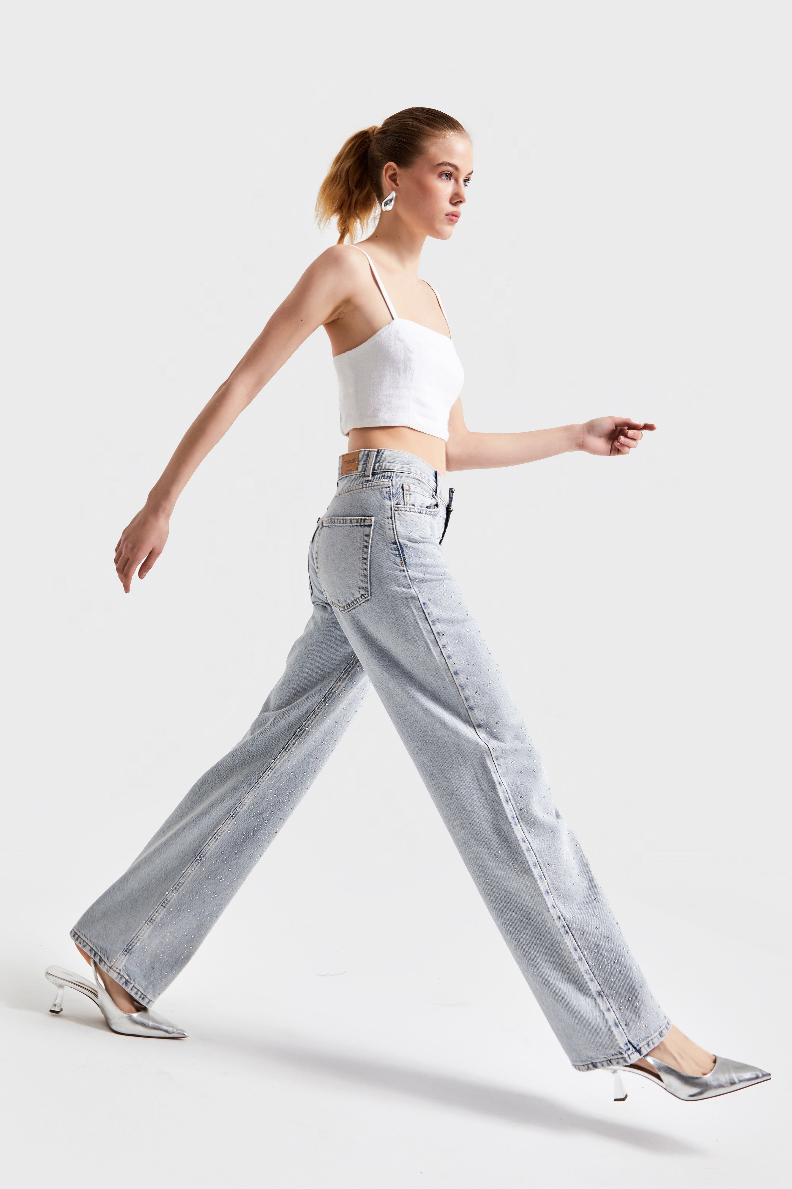 Women's Jeans Color 3S5-3 Straight Fit High Waist Shiny Stone Denim Jean