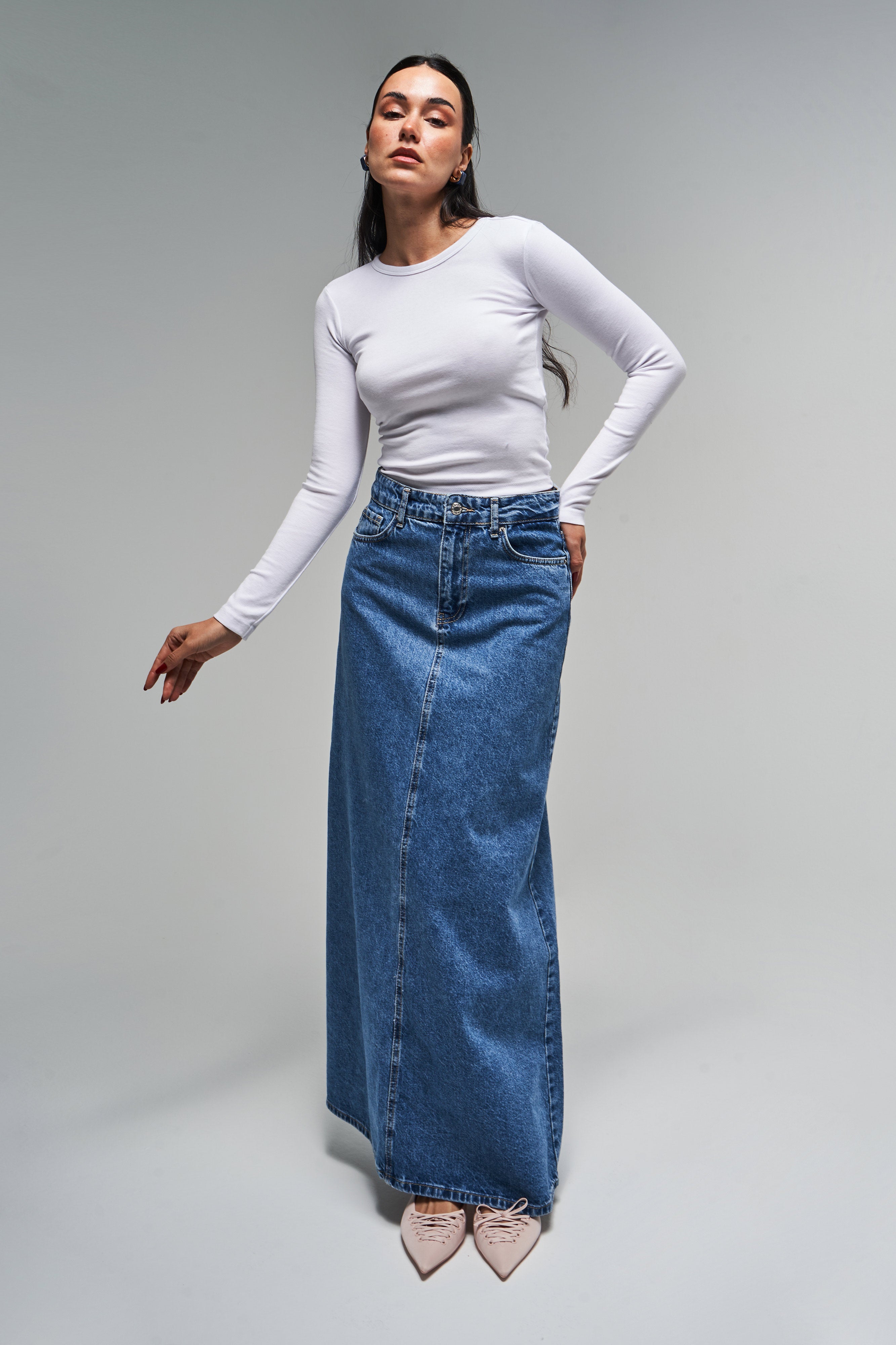 Kadın Kot Rengi 3S5-4 Çan Kesim %100 Koton Maxi Boy 100 cm Denim Etek
