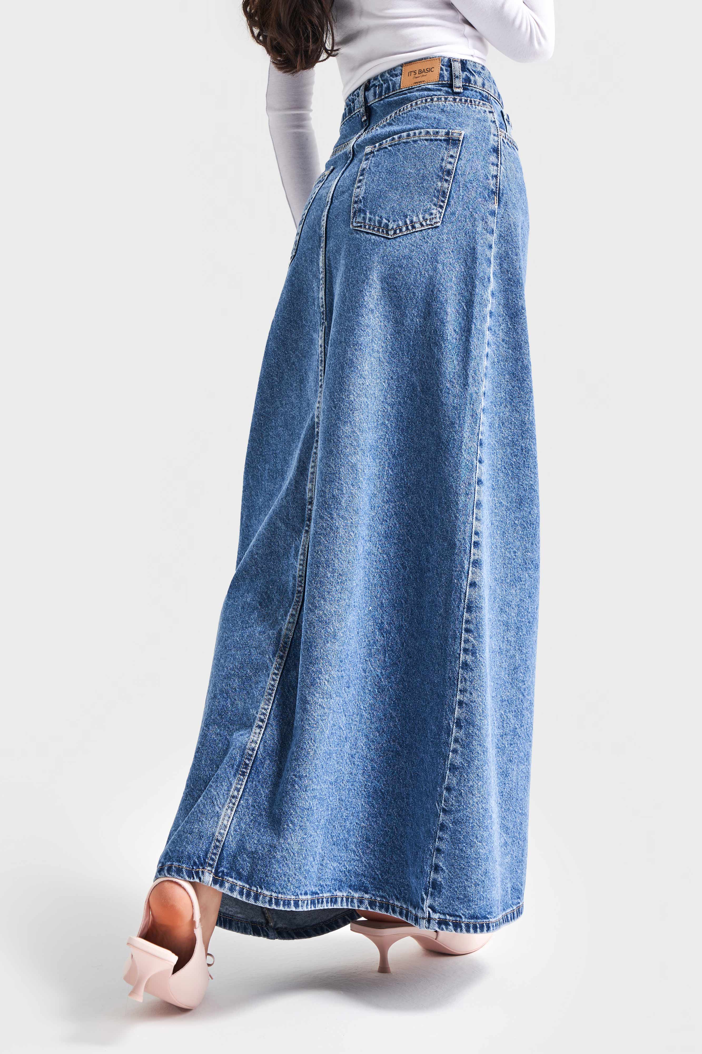 Kadın Kot Rengi 3S5-4 Çan Kesim %100 Koton Maxi Boy 100 cm Denim Etek