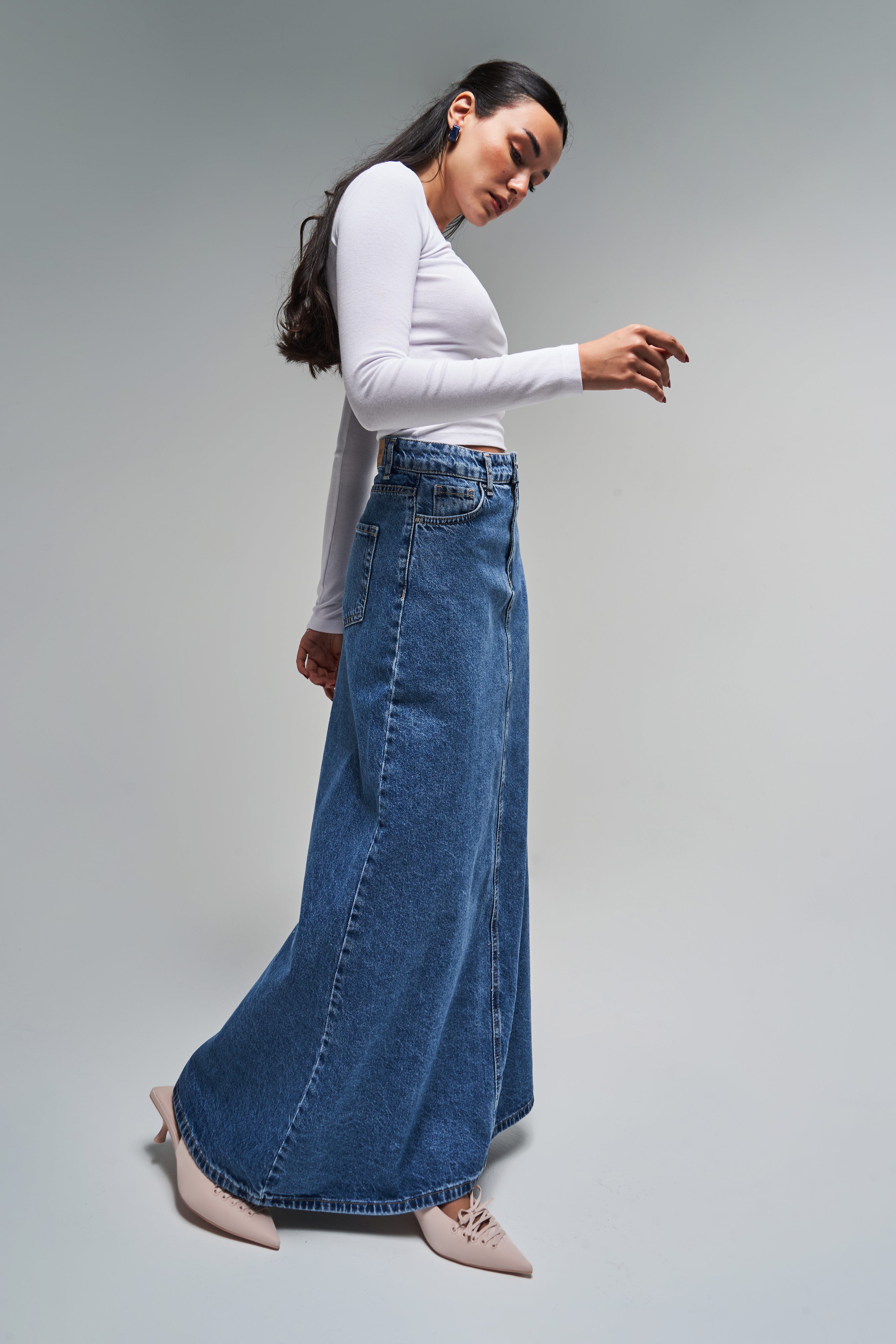 Kadın Kot Rengi 3S5-4 Çan Kesim %100 Koton Maxi Boy 100 cm Denim Etek