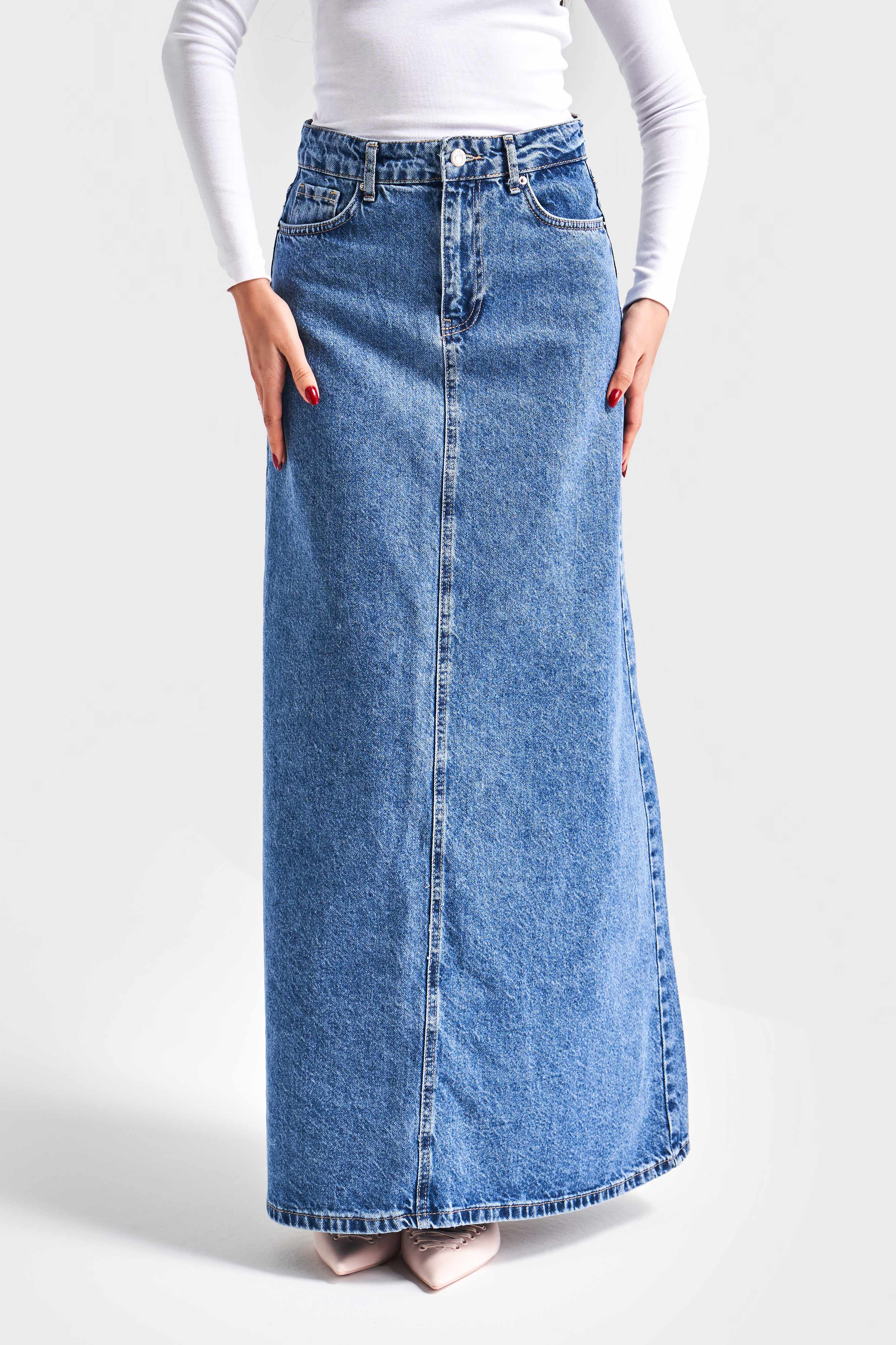 Kadın Kot Rengi 3S5-4 Çan Kesim %100 Koton Maxi Boy 100 cm Denim Etek