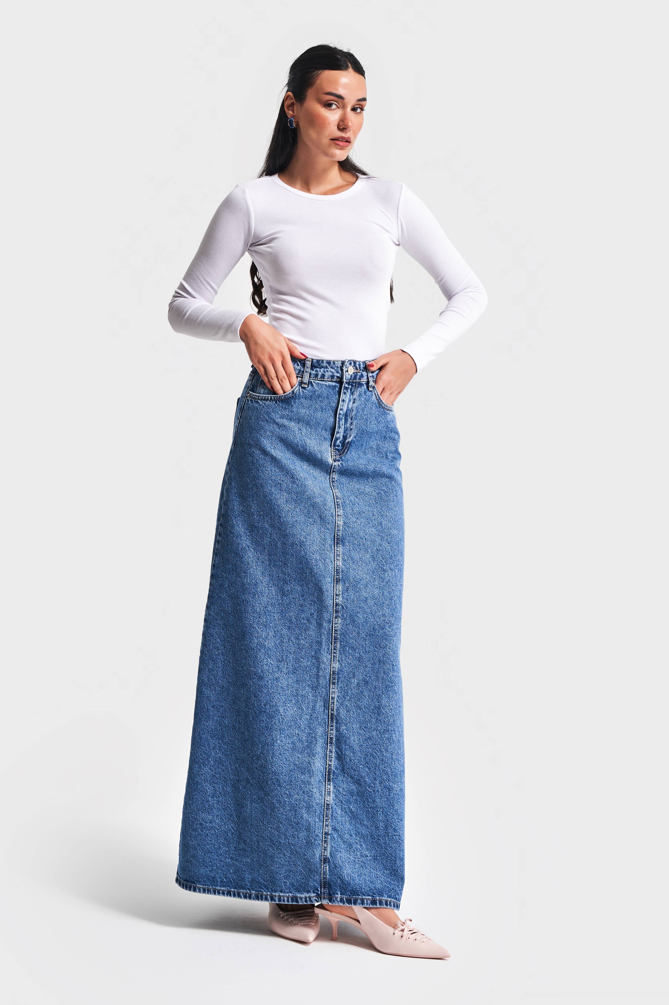 Kadın Kot Rengi 3S5-4 Çan Kesim %100 Koton Maxi Boy 100 cm Denim Etek