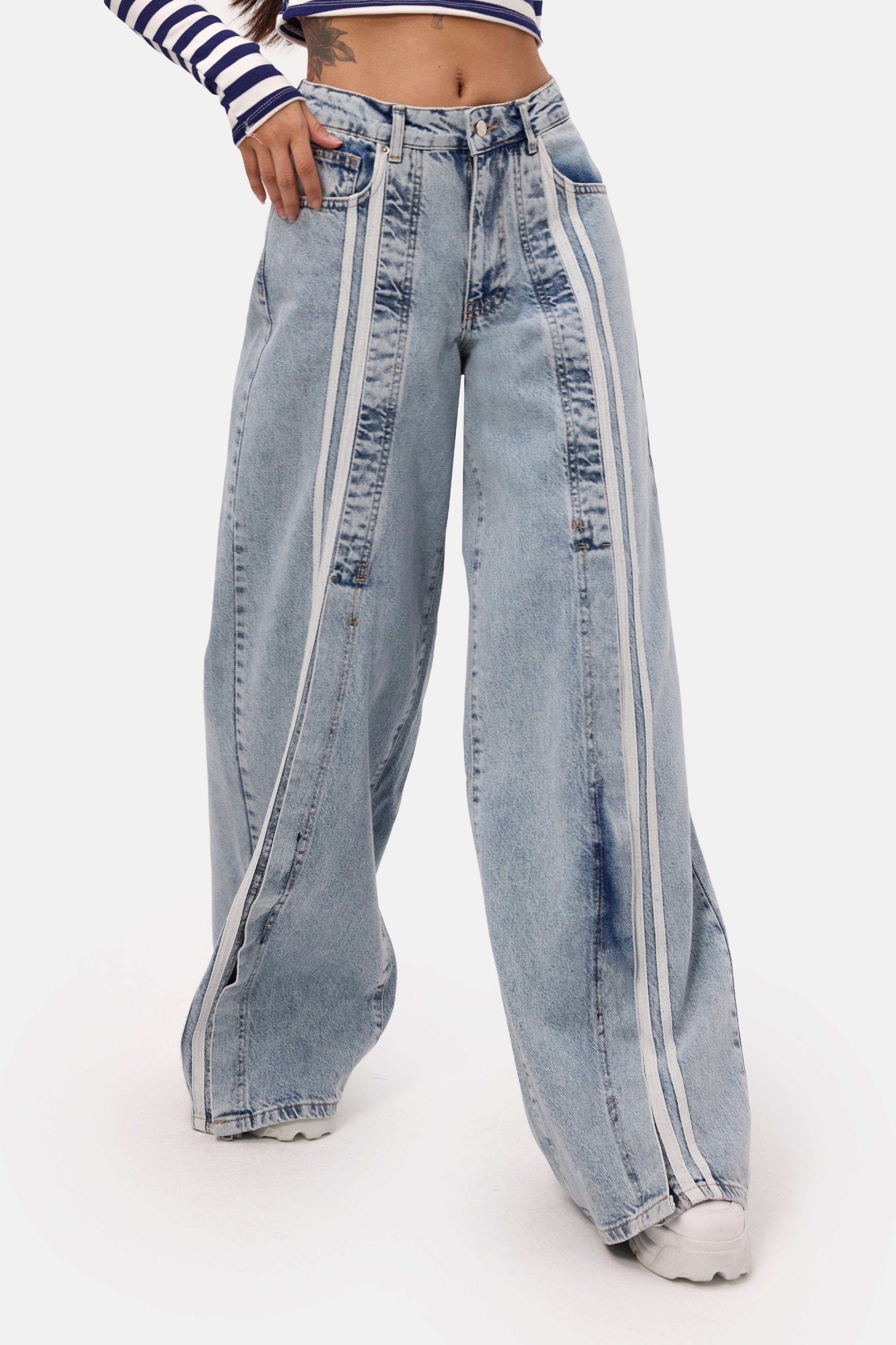 Kadın Kot Rengi 3s6-27 Palazzo Fit Şerit Detaylı Tasarım Denim Jean