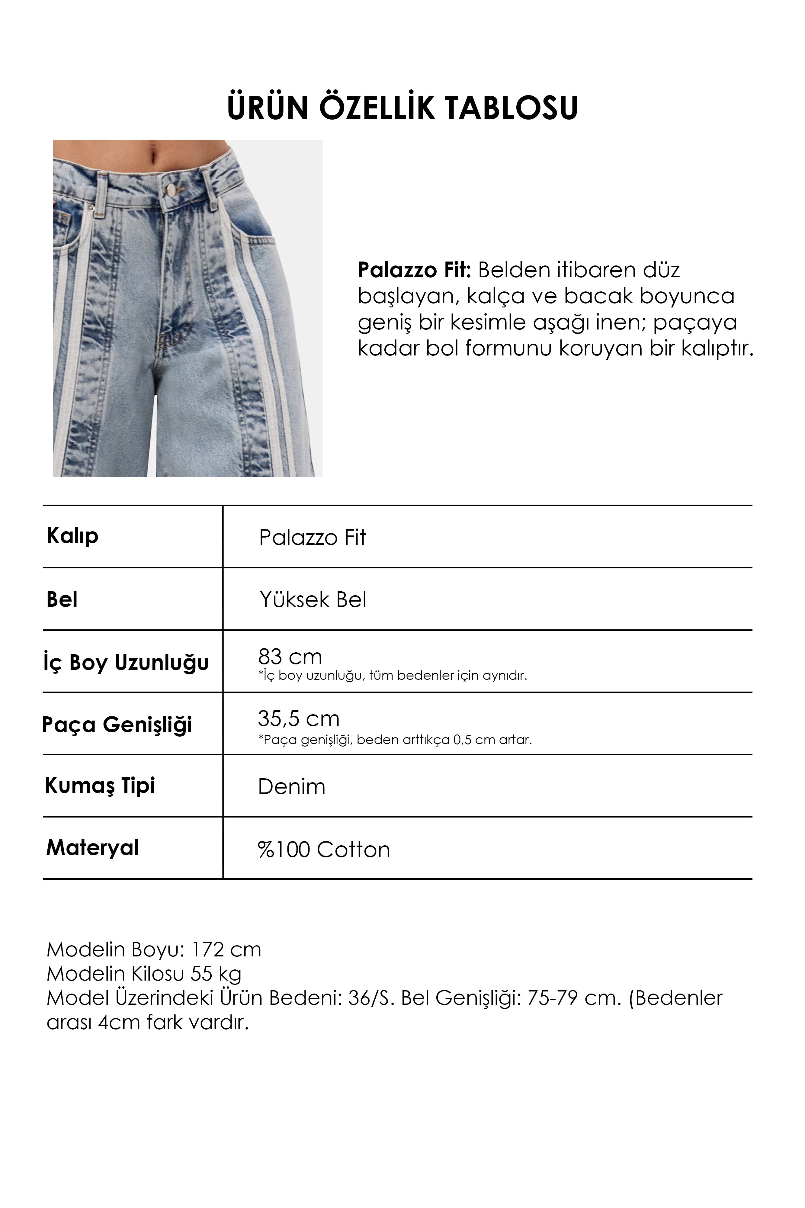 Kadın Kot Rengi 3s6-27 Palazzo Fit Şerit Detaylı Tasarım Denim Jean