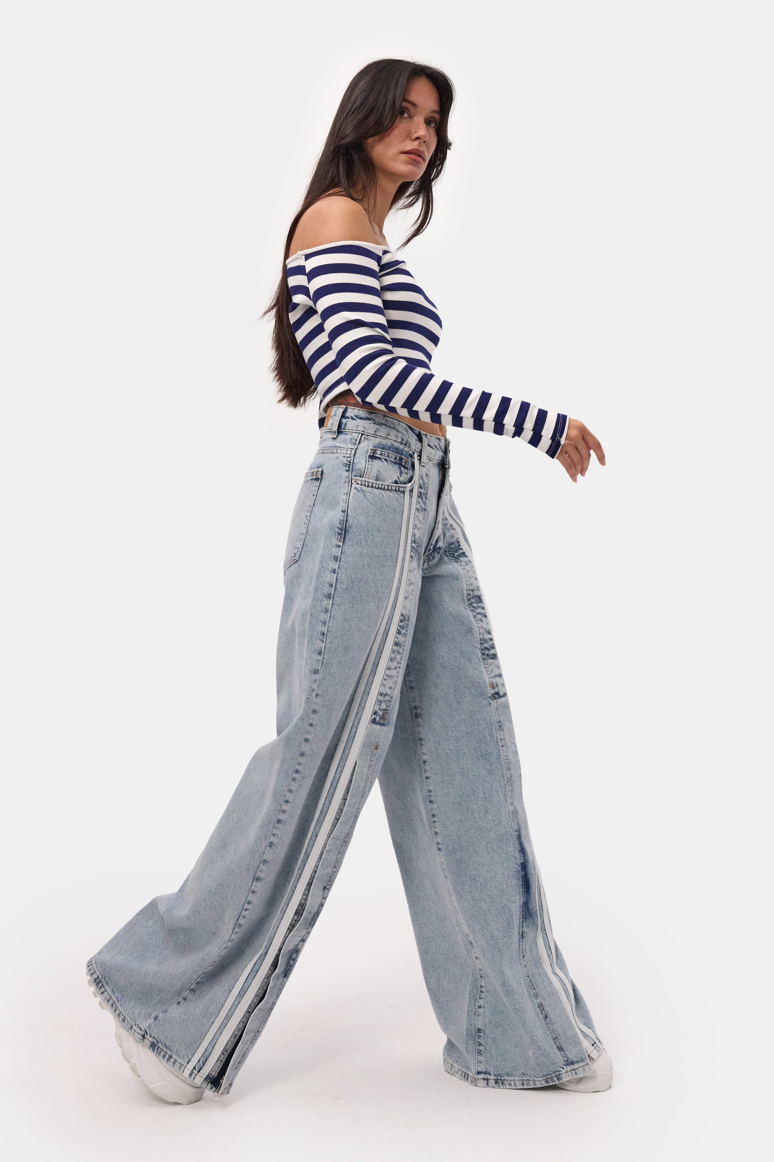 Kadın Kot Rengi 3s6-27 Palazzo Fit Şerit Detaylı Tasarım Denim Jean