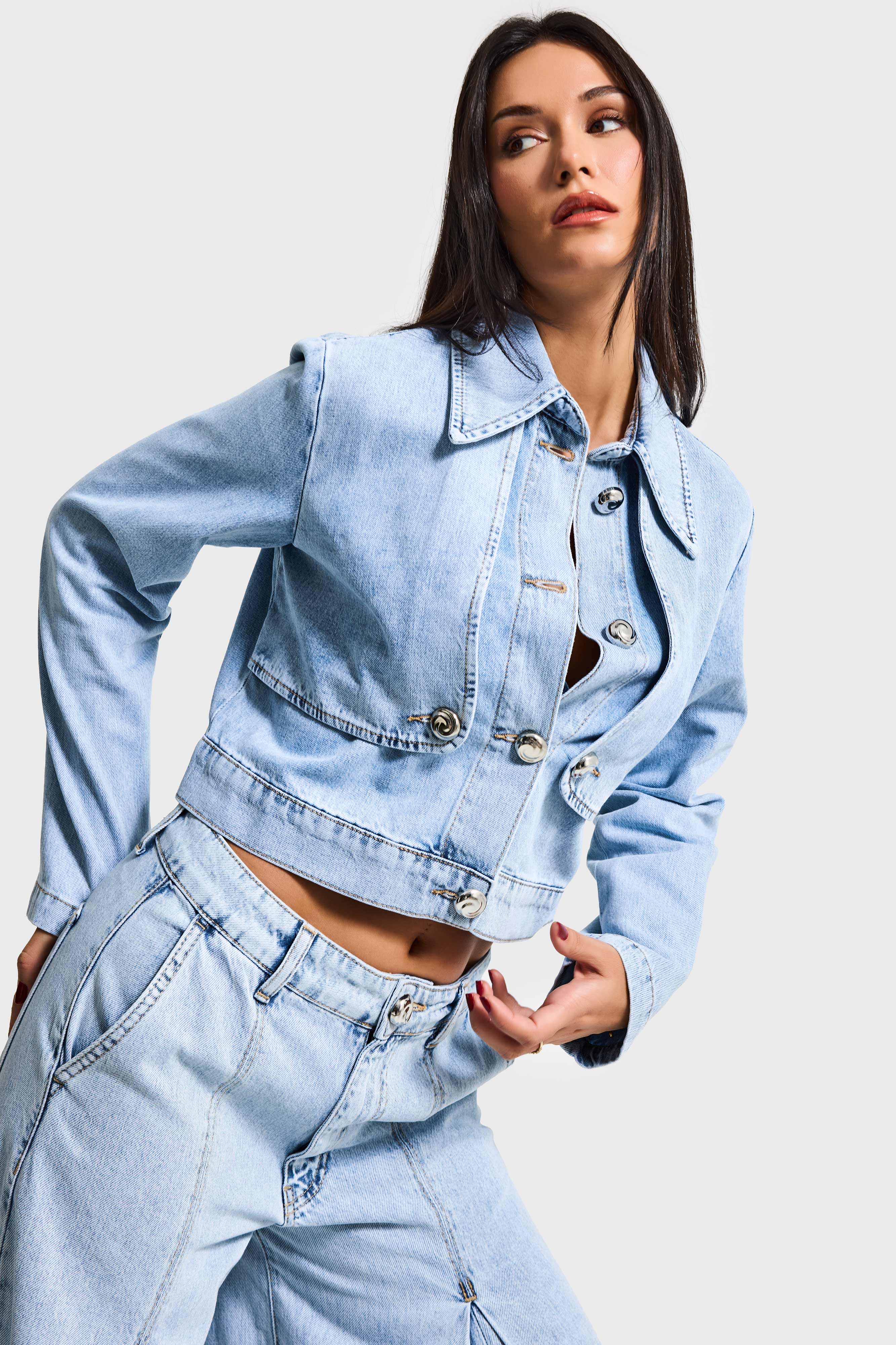 Kadın Kot Rengi 3s6-3 Crop Fit Düğmeli Özel Tasarım Denim Ceket