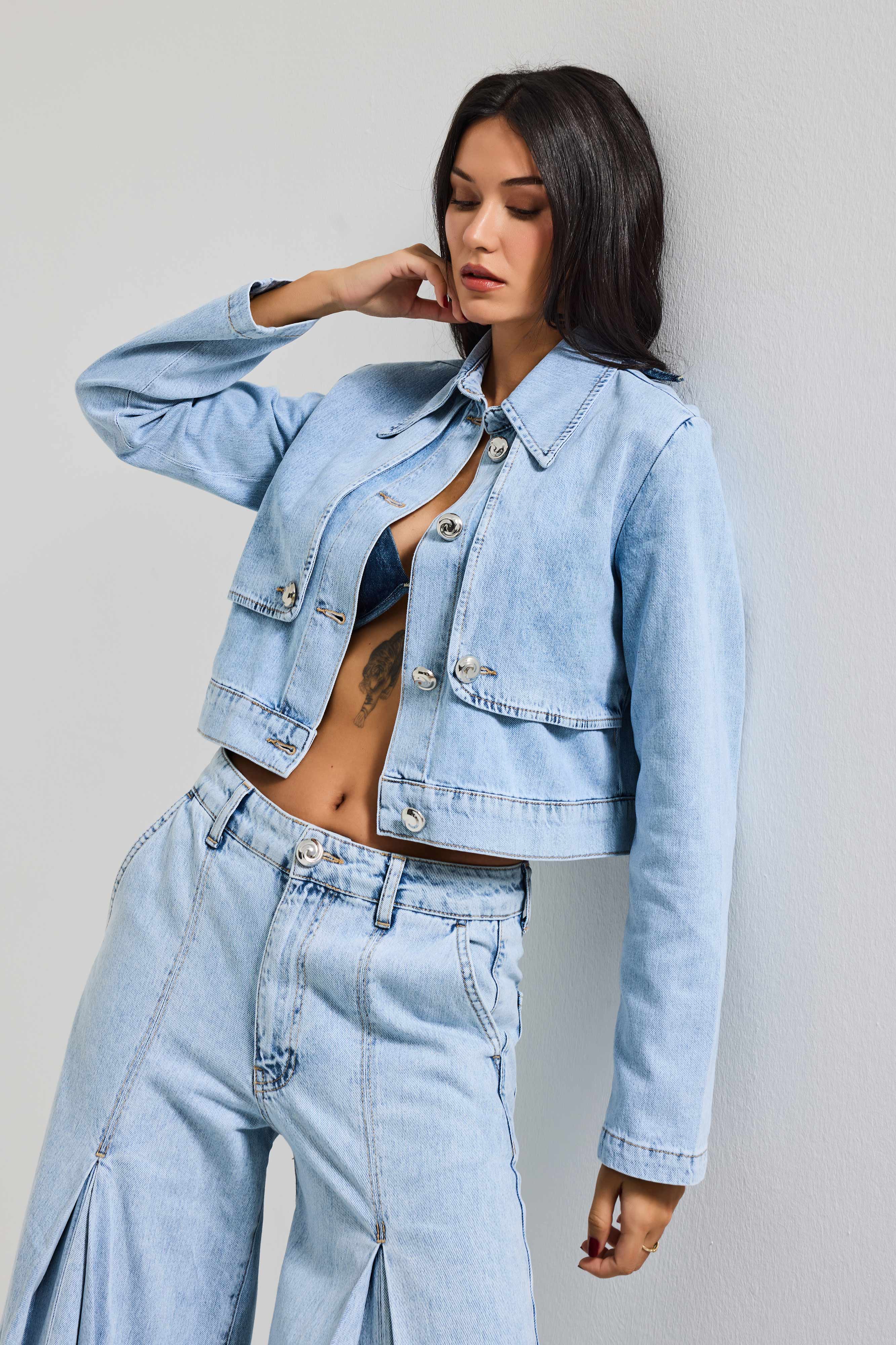 Kadın Kot Rengi 3s6-3 Crop Fit Düğmeli Özel Tasarım Denim Ceket