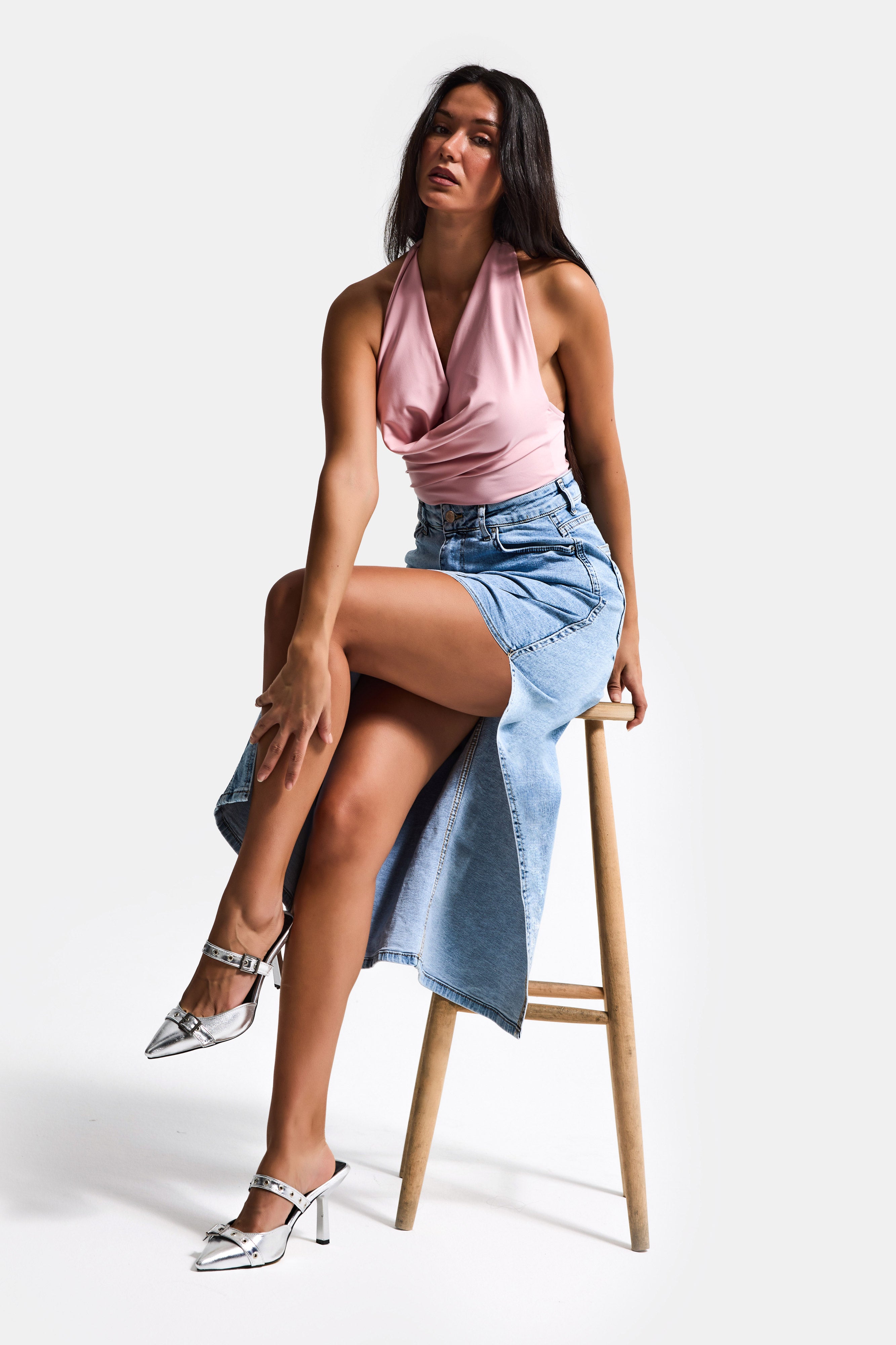 Women's Jean Color 3s6-3 Maxi Side Slit Design Lycra Fabric Denim Skirt