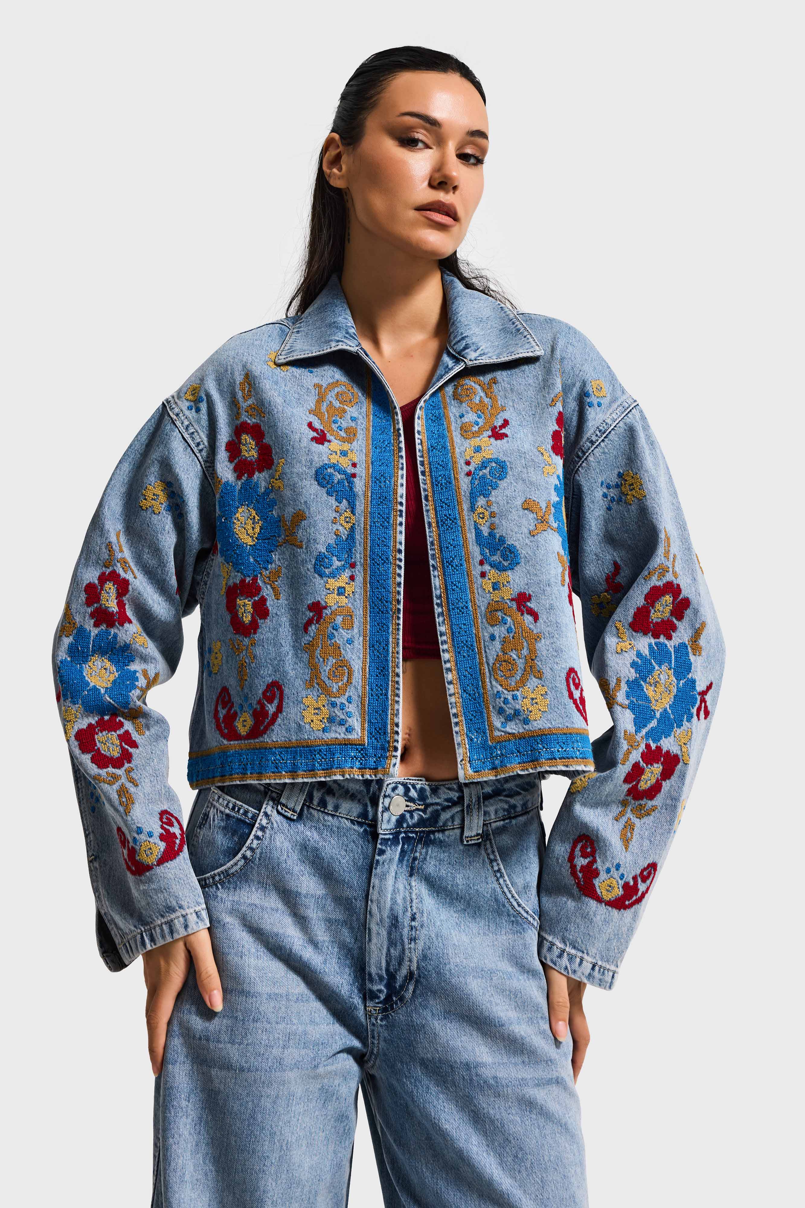 Kadın Kot Rengi 3s6-32 Bol Kesim Özel Nakış Desenli Tasarım Denim Ceket