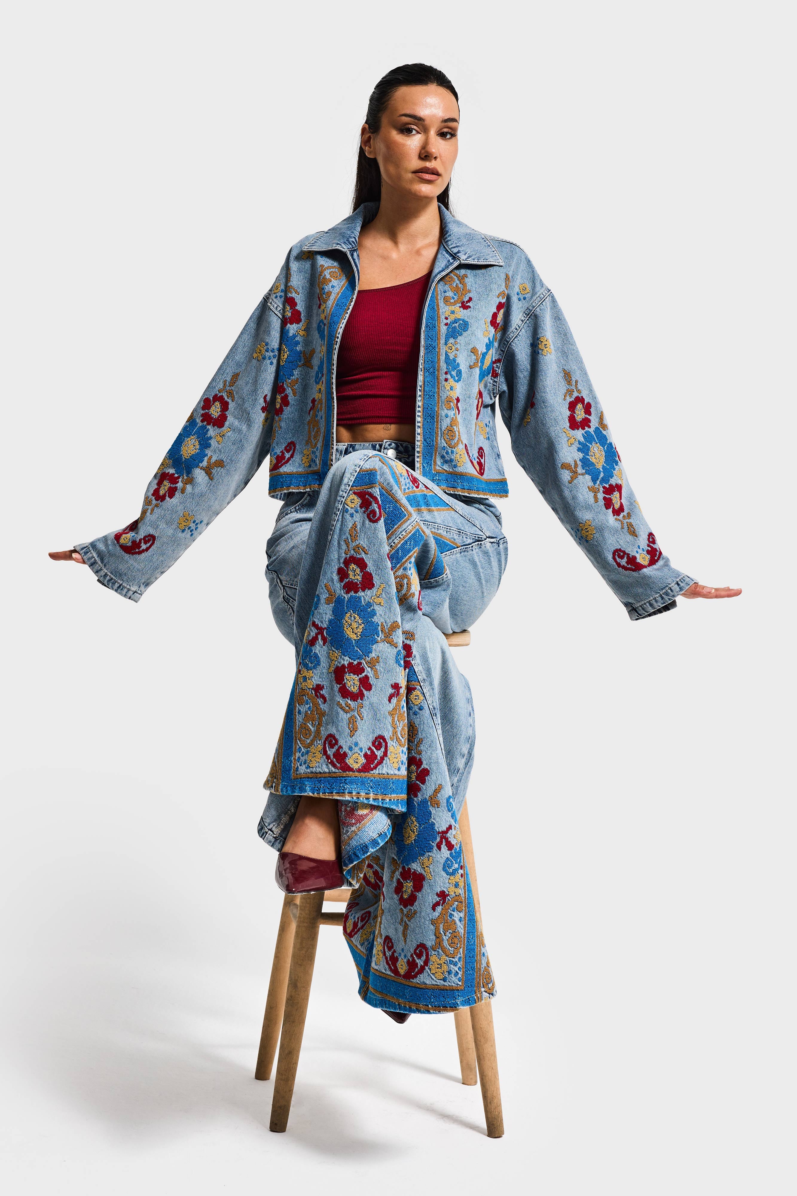 Kadın Kot Rengi 3s6-32 Bol Kesim Özel Nakış Desenli Tasarım Denim Ceket