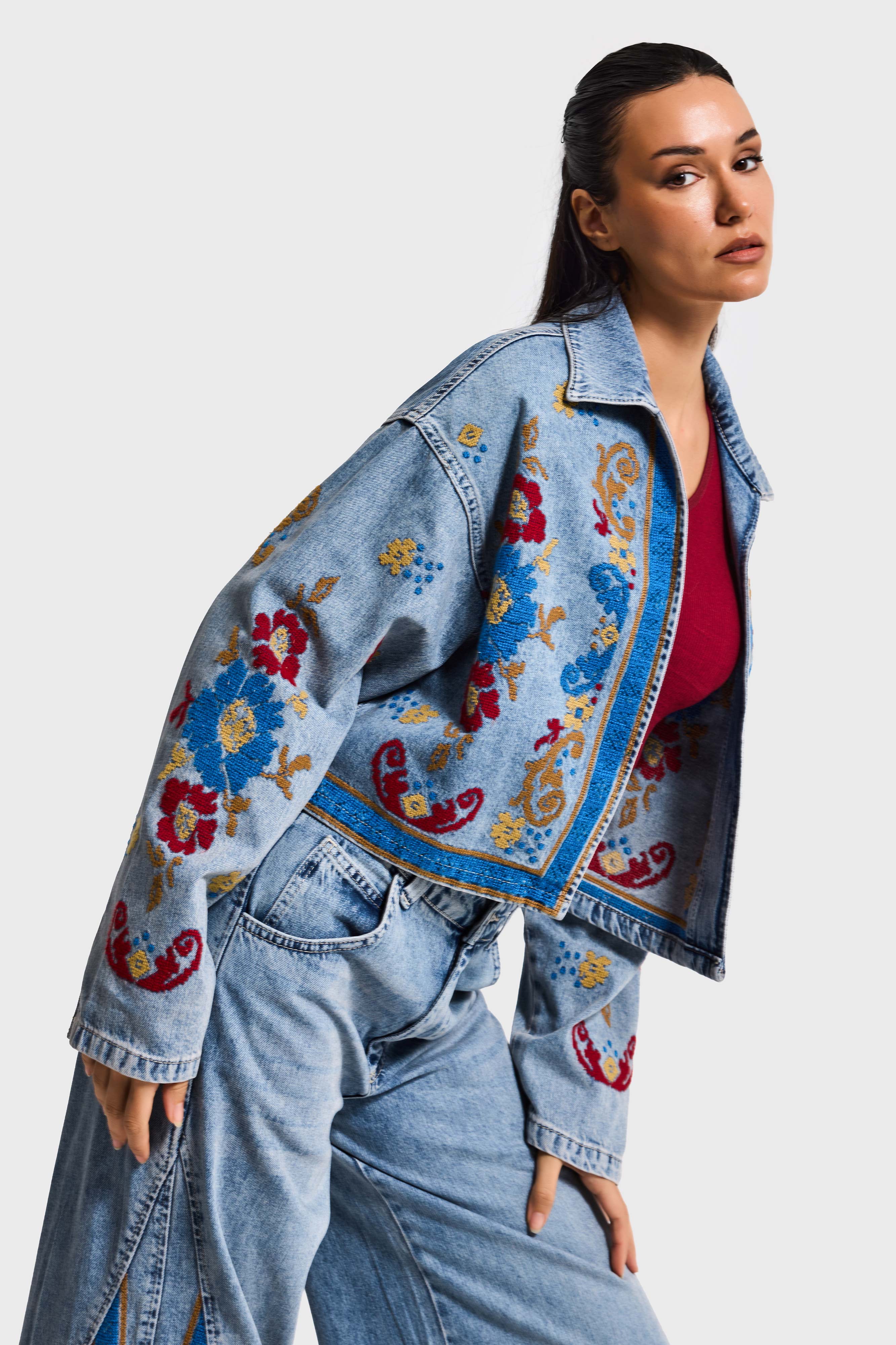 Kadın Kot Rengi 3s6-32 Bol Kesim Özel Nakış Desenli Tasarım Denim Ceket