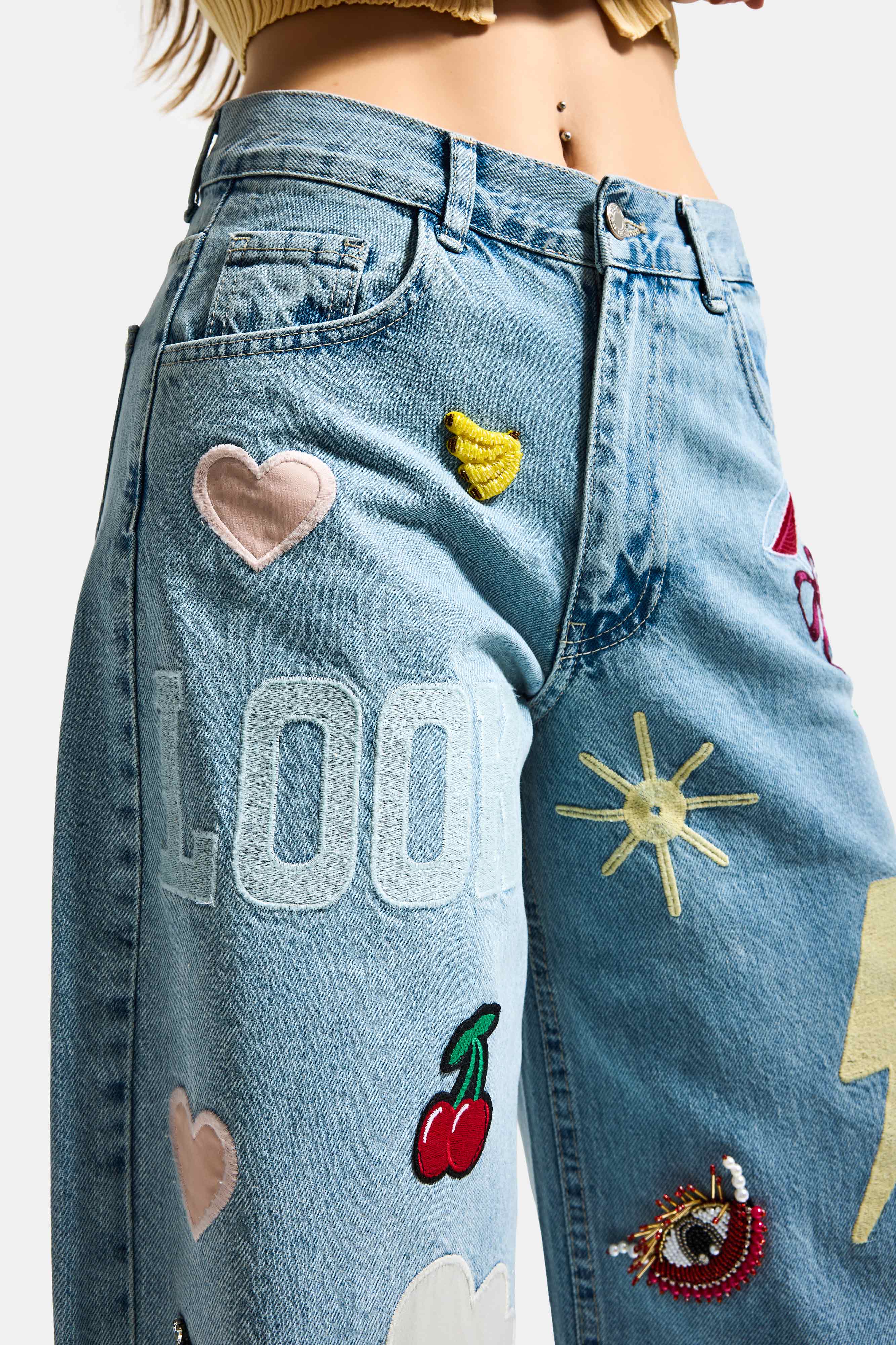 Kadın Kot Rengi 3s6-32 Straight Fit Obje Nakış ve İşlemeli Özel Tasarım Denim Jean