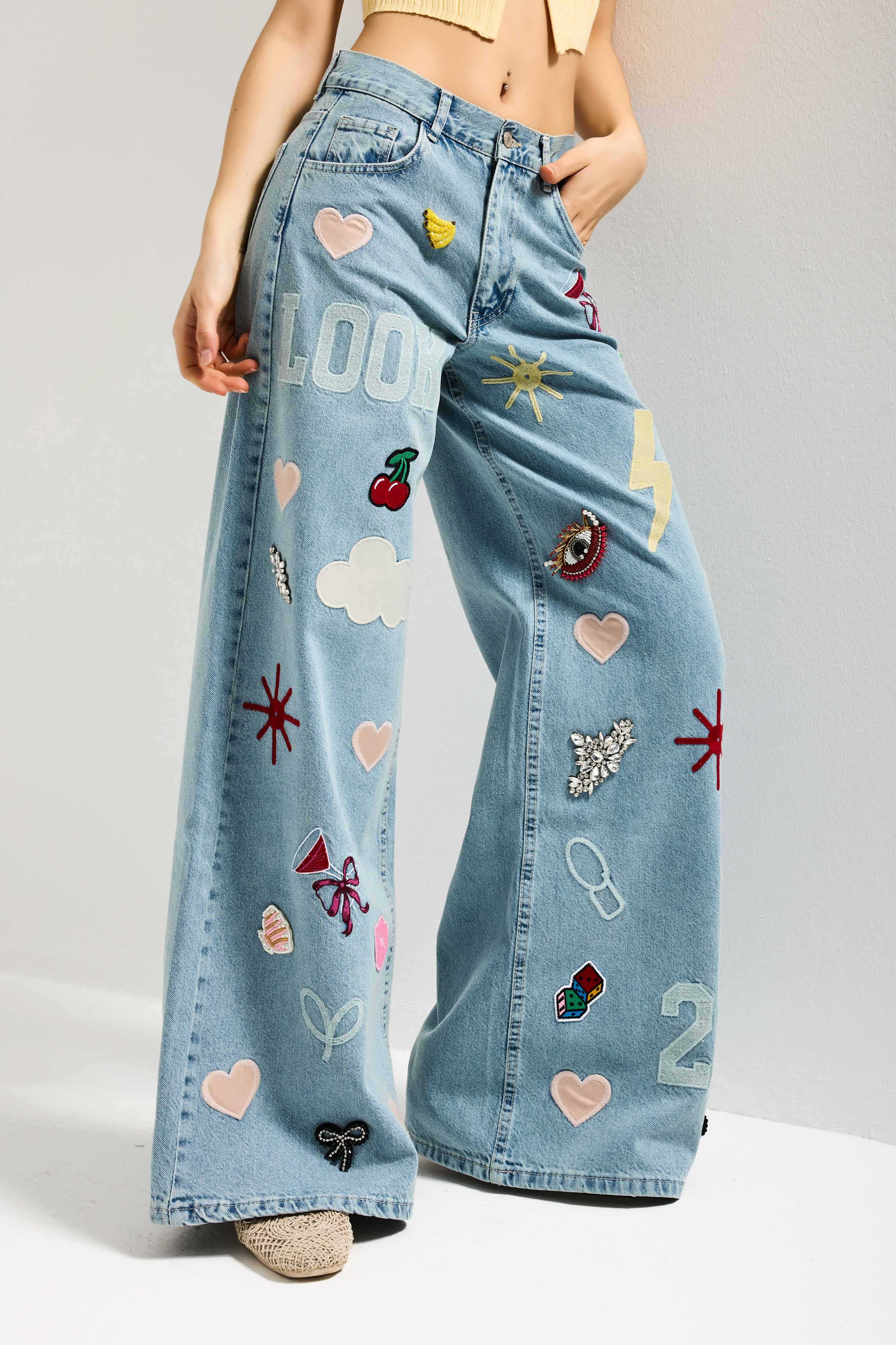 Kadın Kot Rengi 3s6-32 Straight Fit Obje Nakış ve İşlemeli Özel Tasarım Denim Jean