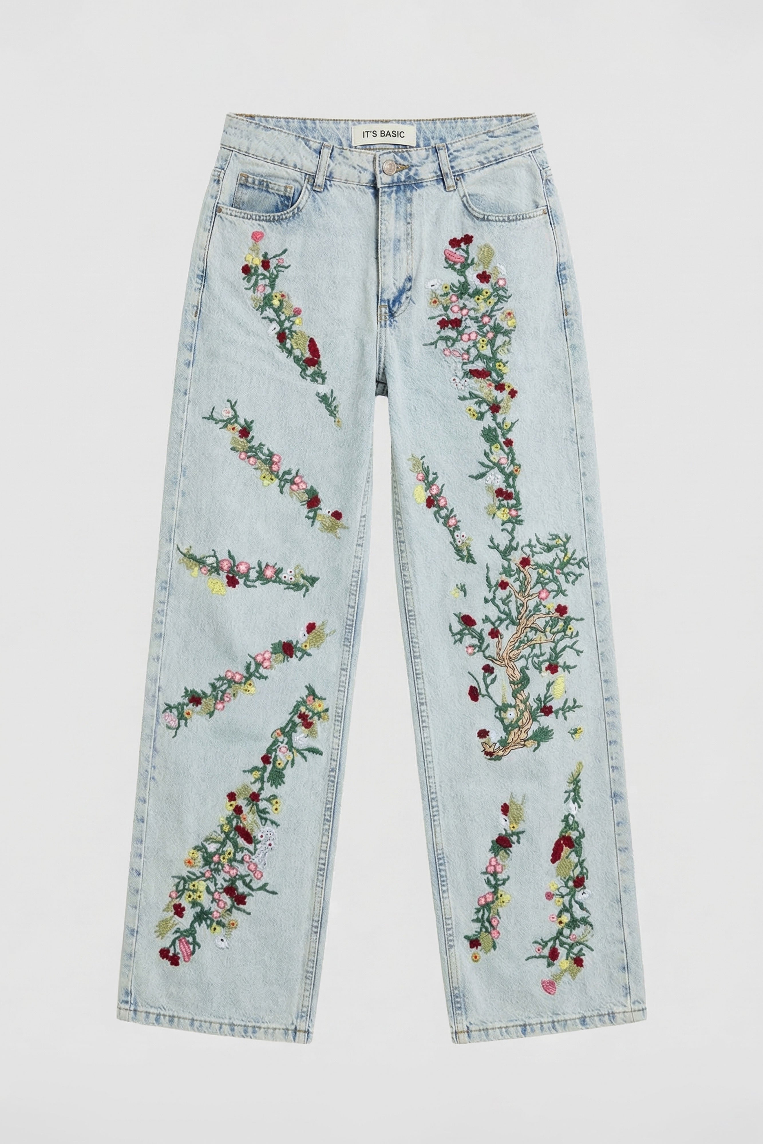 Kadın Kot Rengi 3s6-75 Straight Fit Çiçek Nakışlı Özel Tasarım Denim Jean