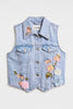 Kadın Kot Rengi 3s6-89 Crop Fit Gül ve Nakış Detaylı Özel Tasarım Denim Yelek