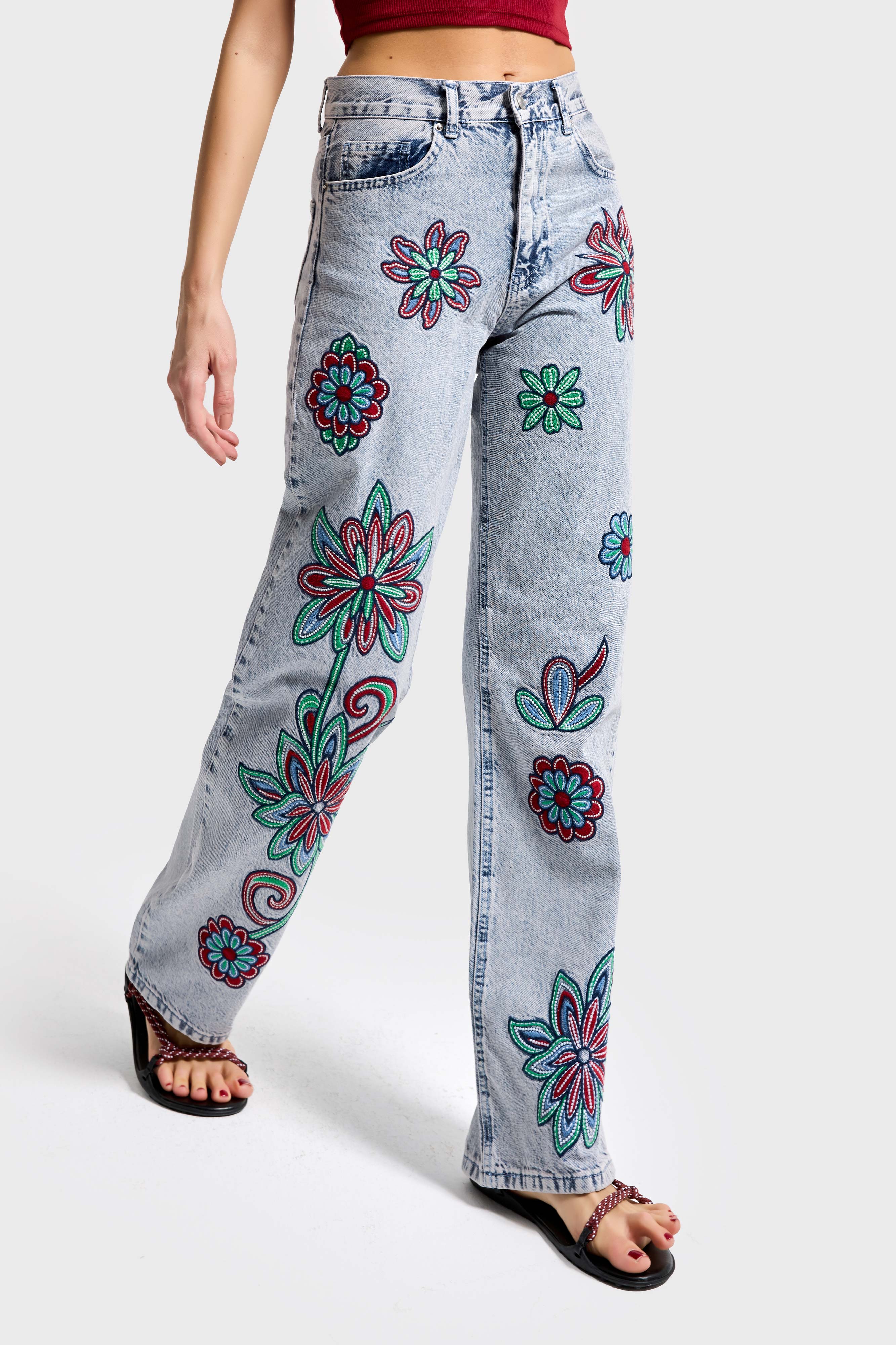 Kadın Kot Rengi 3s6-89 Loose Fit Renkli Çiçek Nakışlı Özel Tasarım Denim Jean