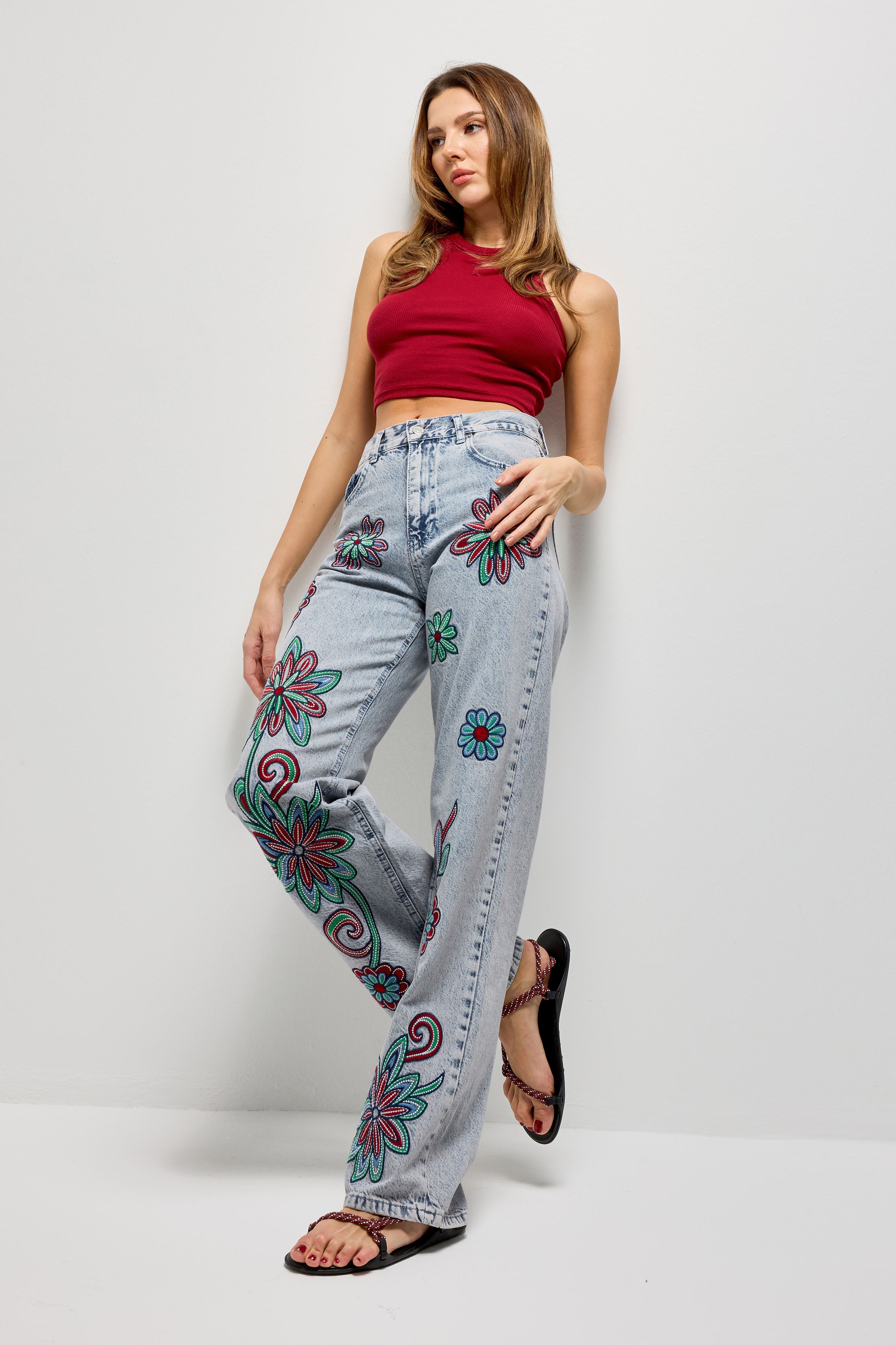 Kadın Kot Rengi 3s6-89 Loose Fit Renkli Çiçek Nakışlı Özel Tasarım Denim Jean