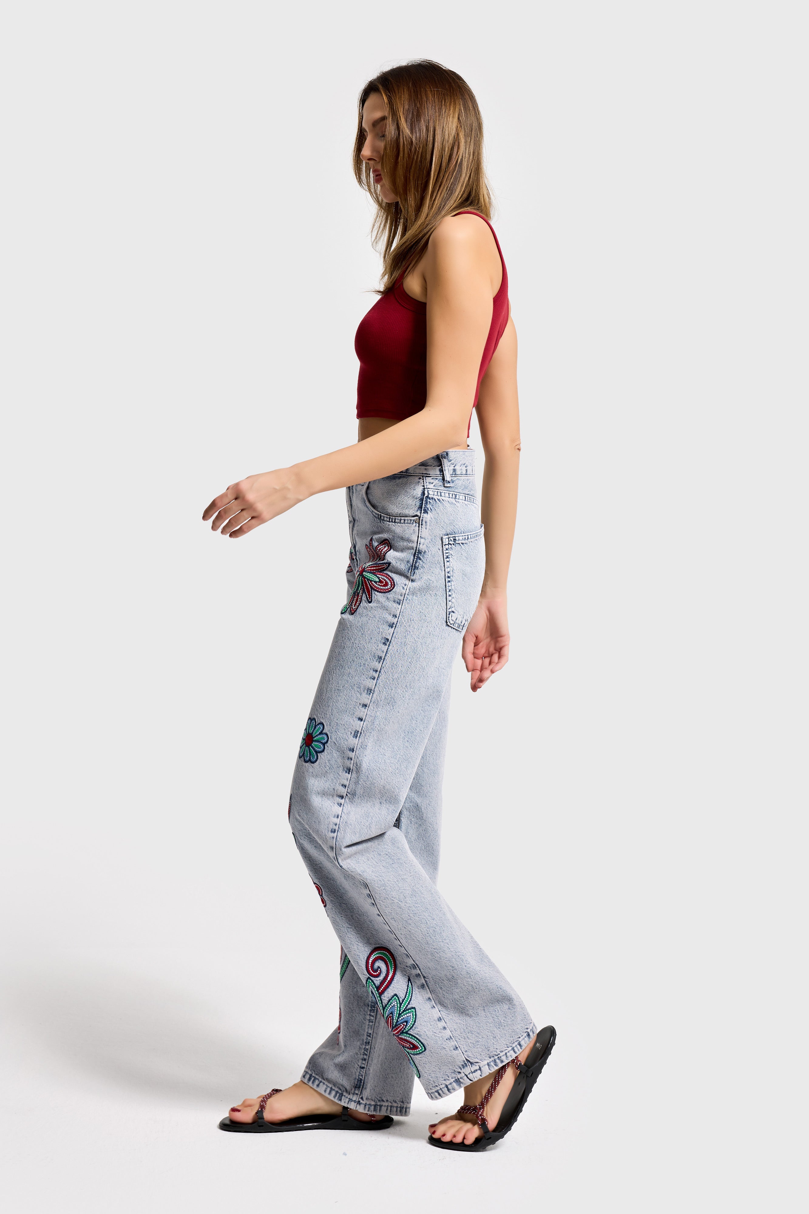 Kadın Kot Rengi 3s6-89 Loose Fit Renkli Çiçek Nakışlı Özel Tasarım Denim Jean