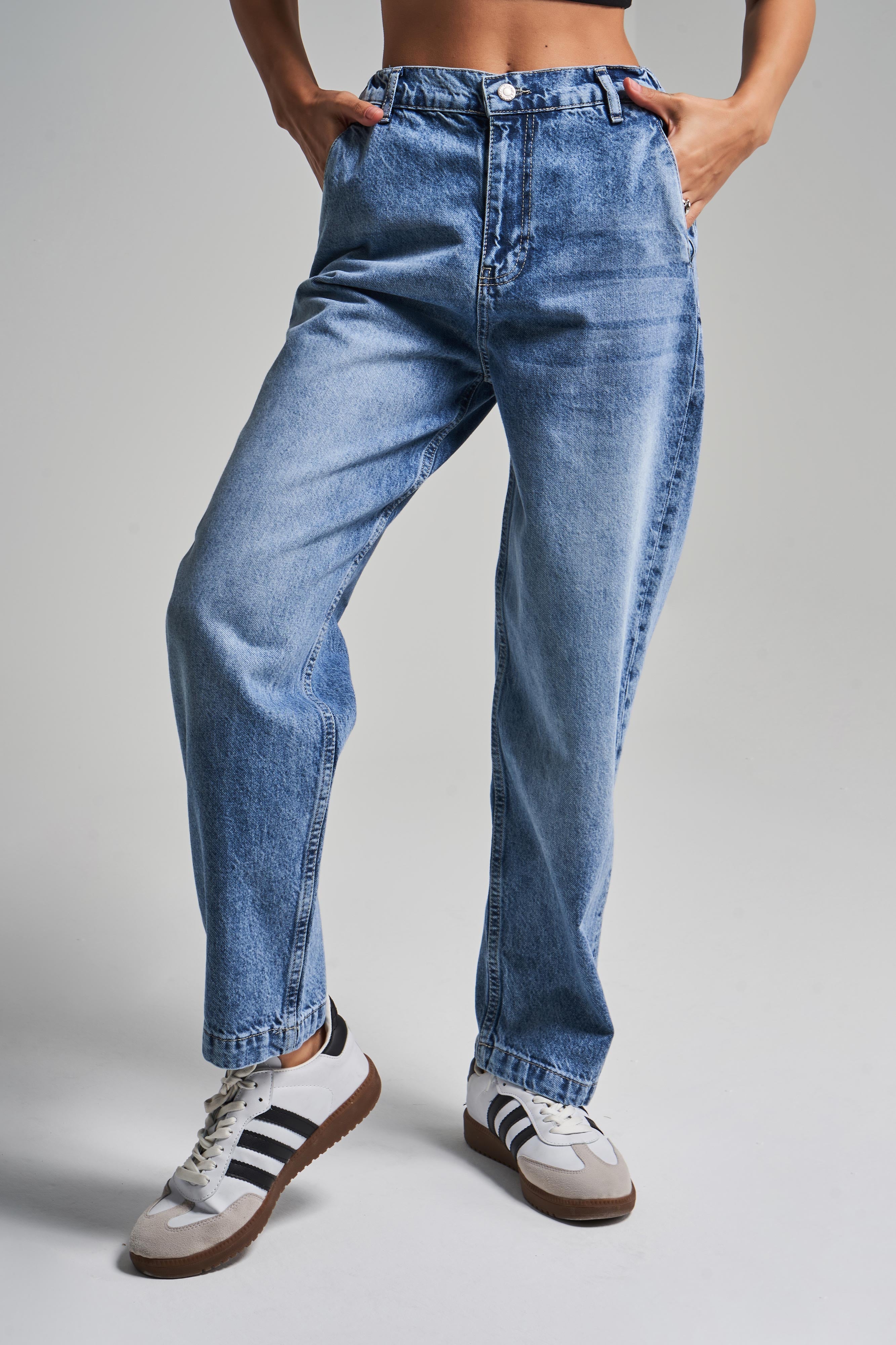 Kadın Kot Rengi 4s5-27 Carrot Fit %100 Koton Beli Lastikli Rahat Kalıp Denim Jean