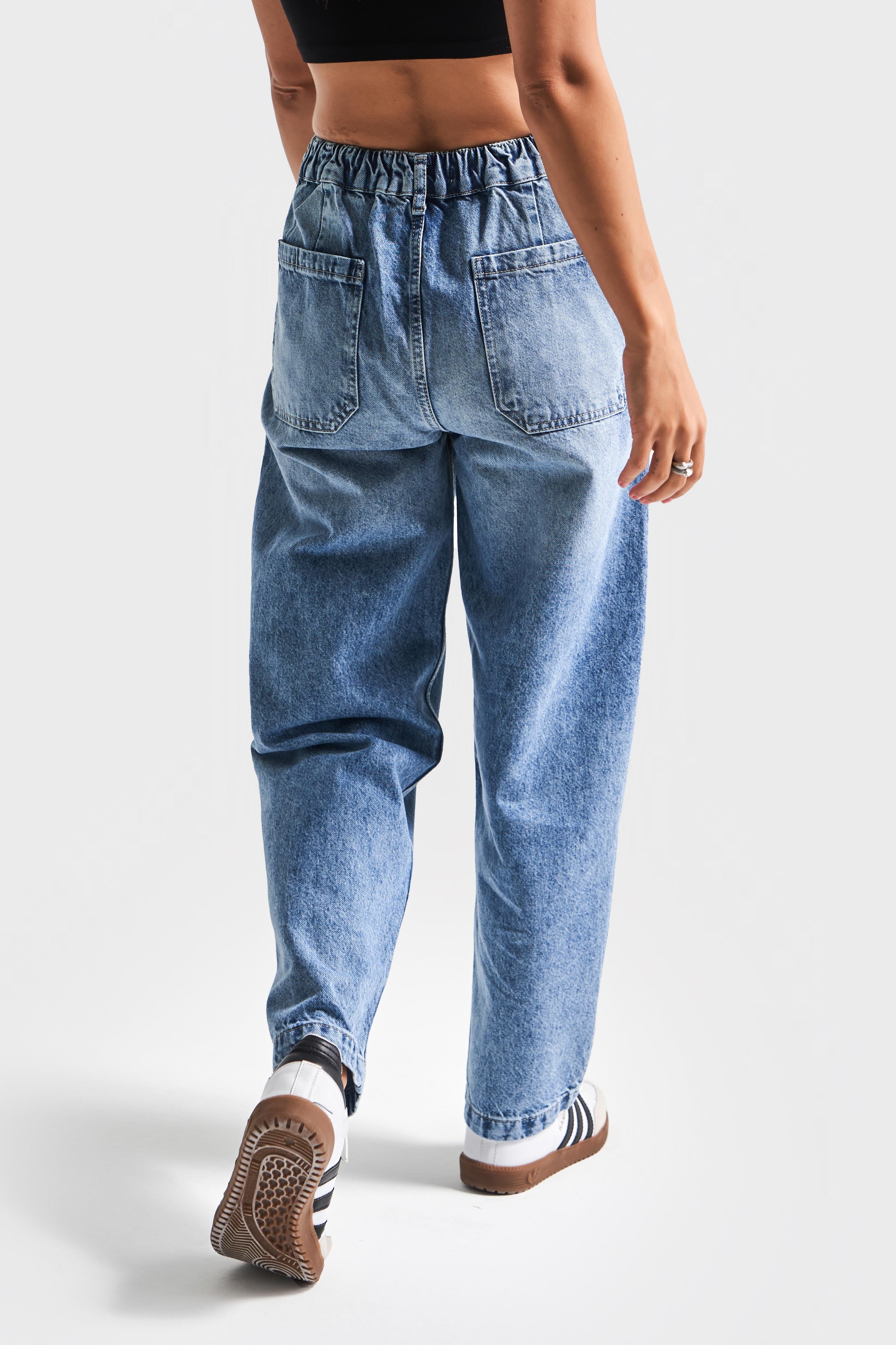 Kadın Kot Rengi 4s5-27 Carrot Fit %100 Koton Beli Lastikli Rahat Kalıp Denim Jean