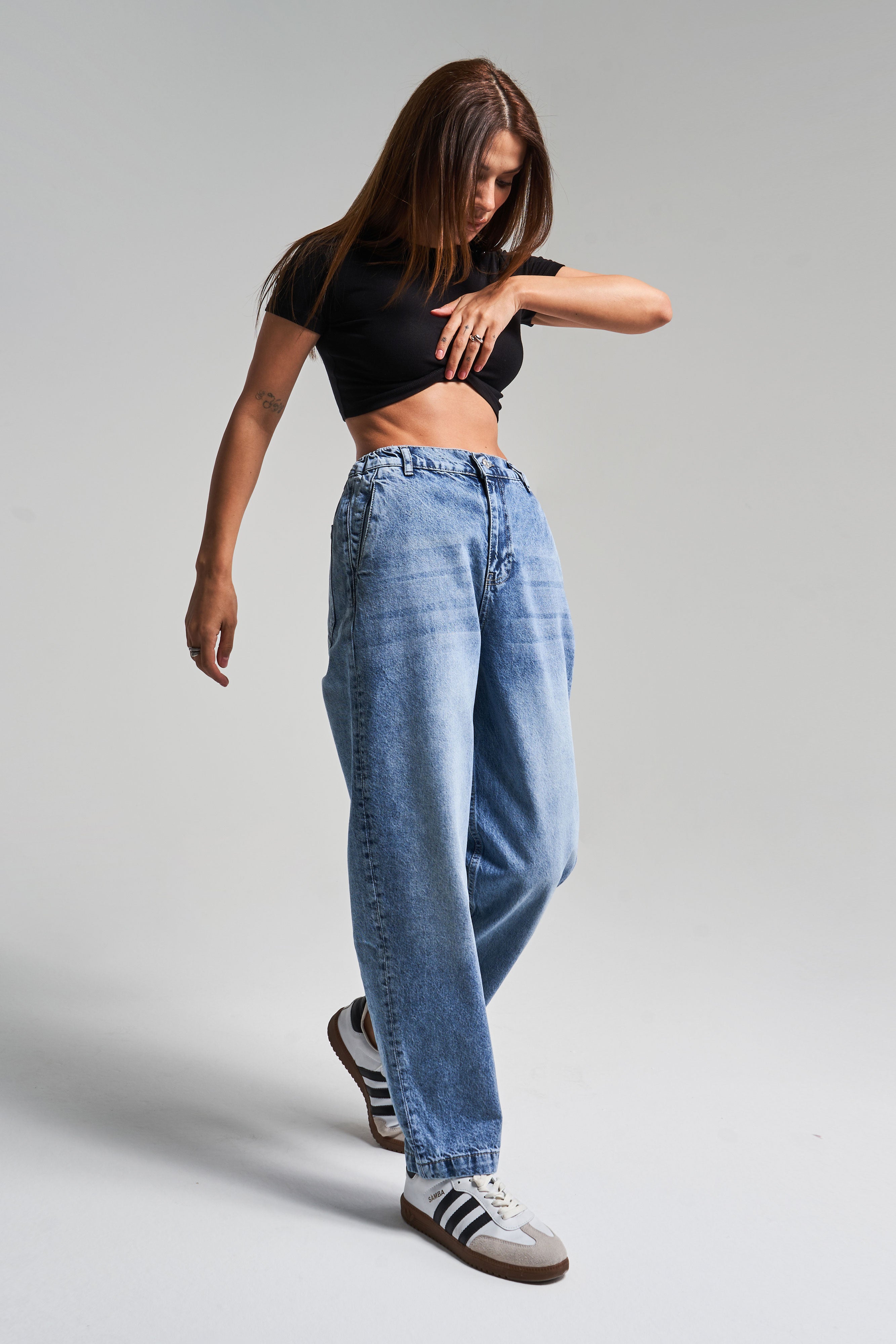 Kadın Kot Rengi 4s5-27 Carrot Fit %100 Koton Beli Lastikli Rahat Kalıp Denim Jean