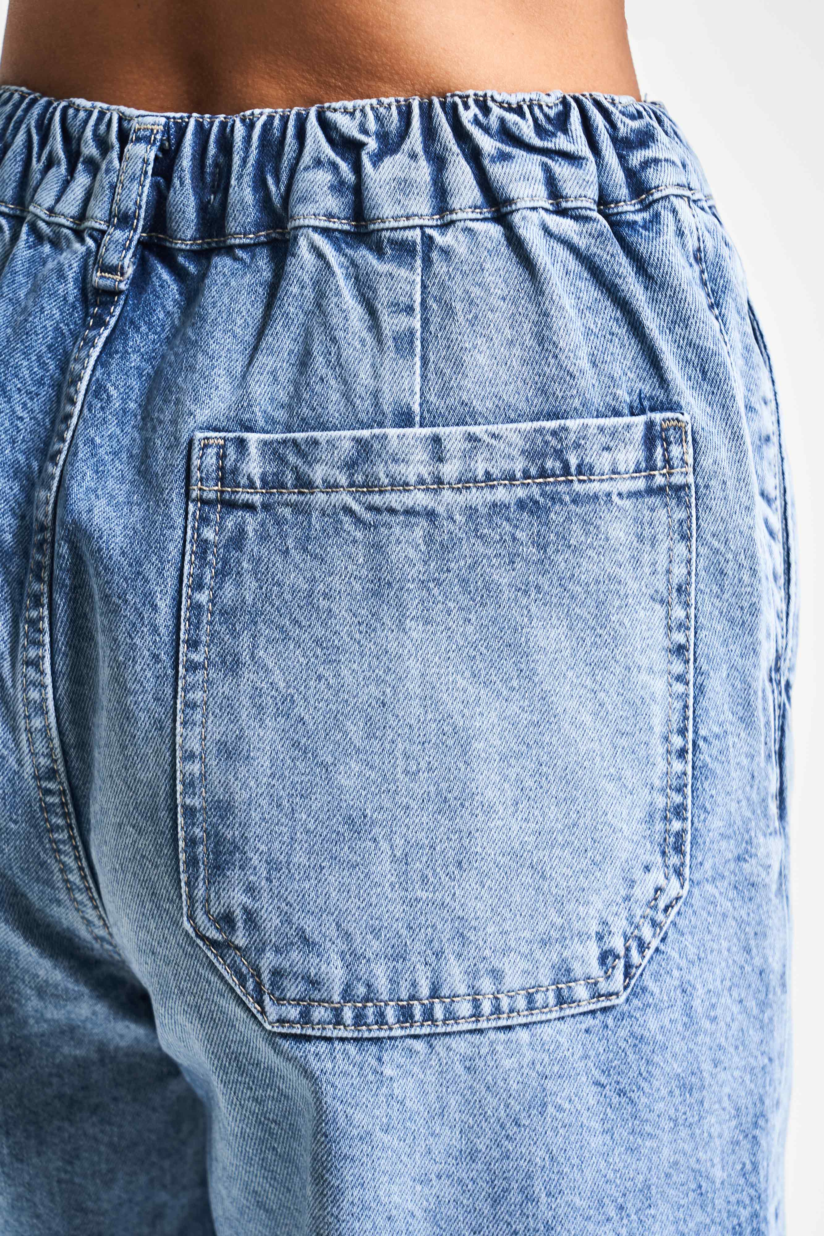 Kadın Kot Rengi 4s5-27 Carrot Fit %100 Koton Beli Lastikli Rahat Kalıp Denim Jean
