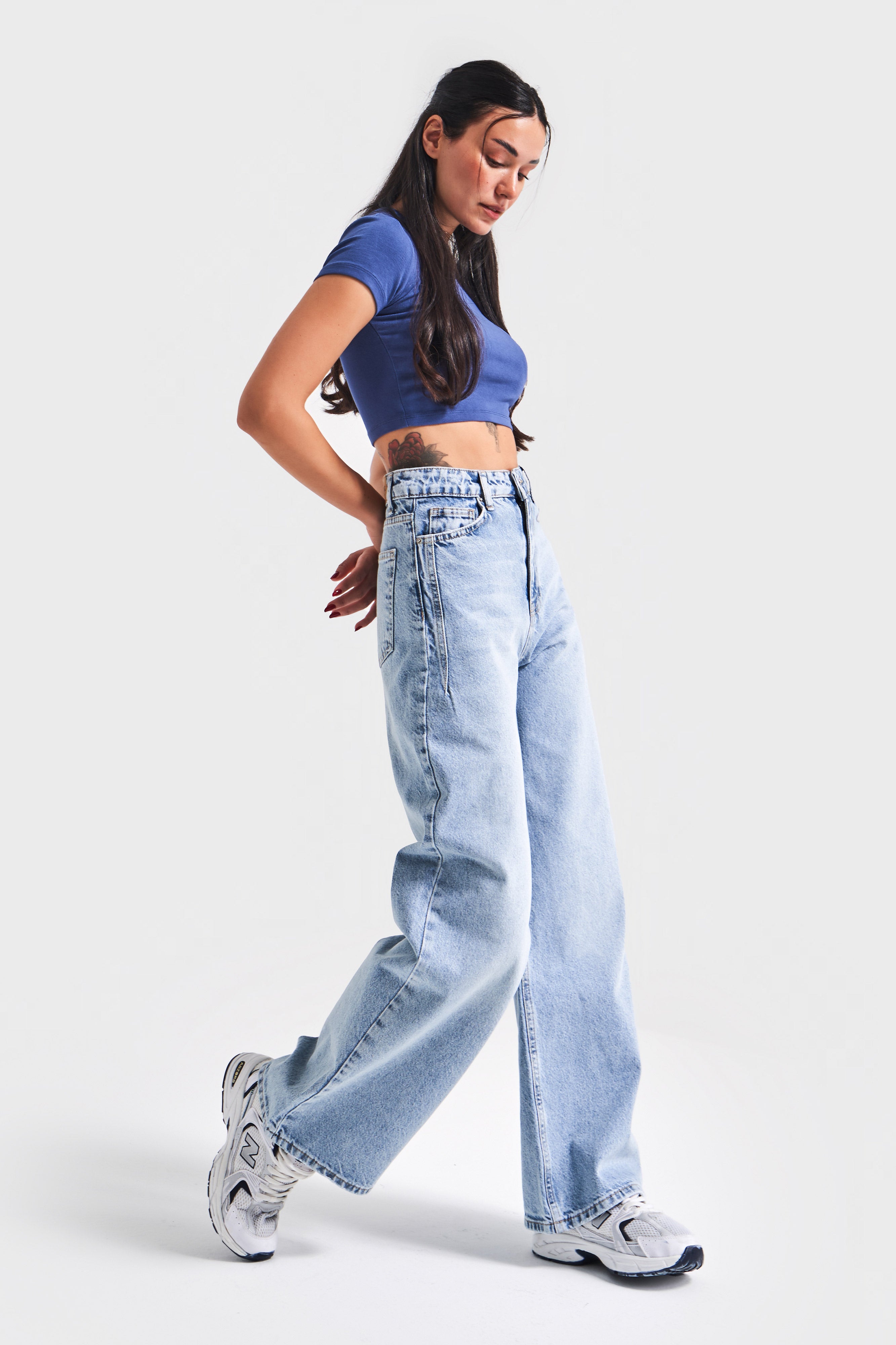 Kadın Kot Rengi 4S5-3 %100 Koton Straight Wide Leg Fit Denim Jean