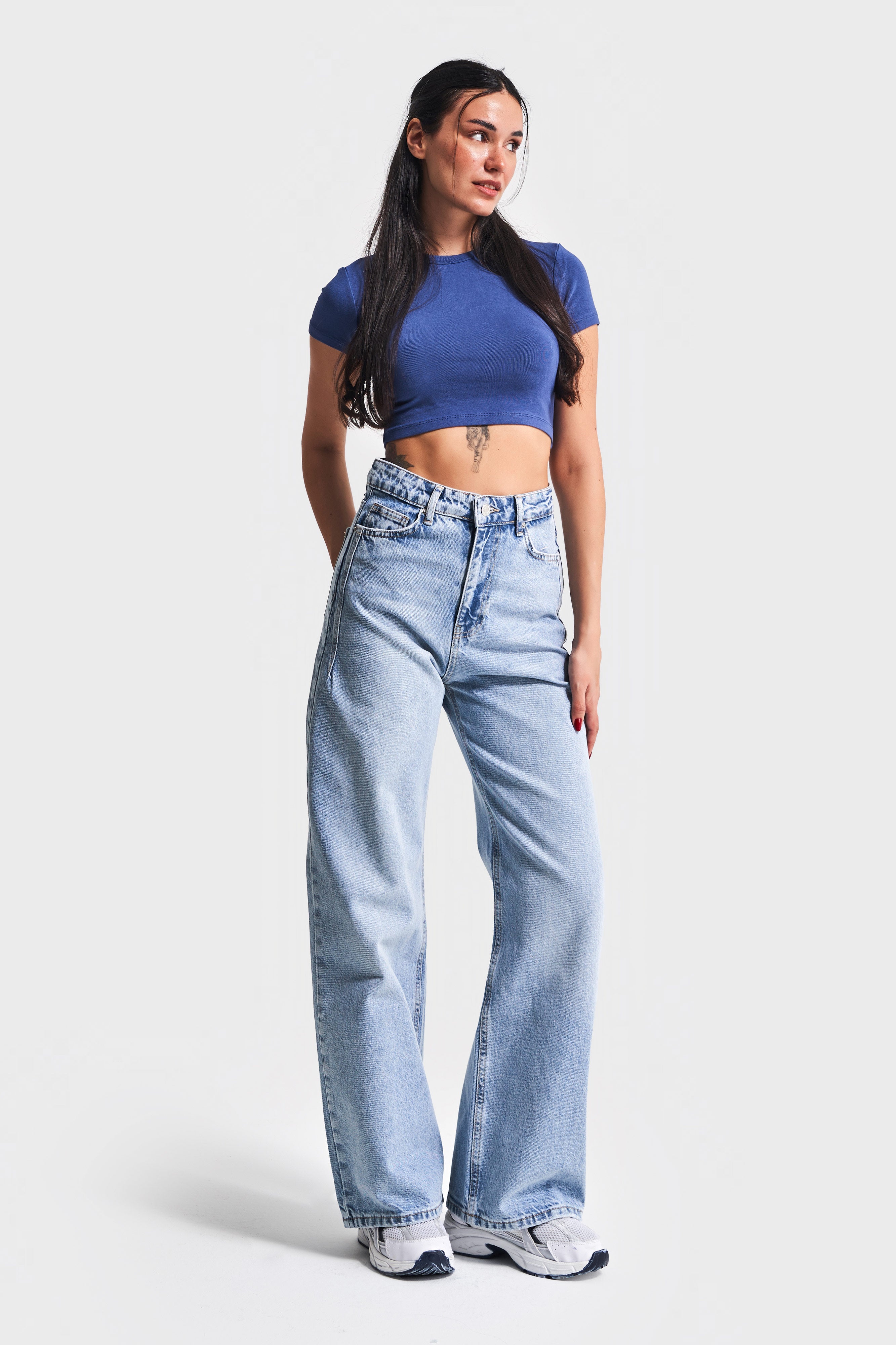 Kadın Kot Rengi 4S5-3 %100 Koton Straight Wide Leg Fit Denim Jean