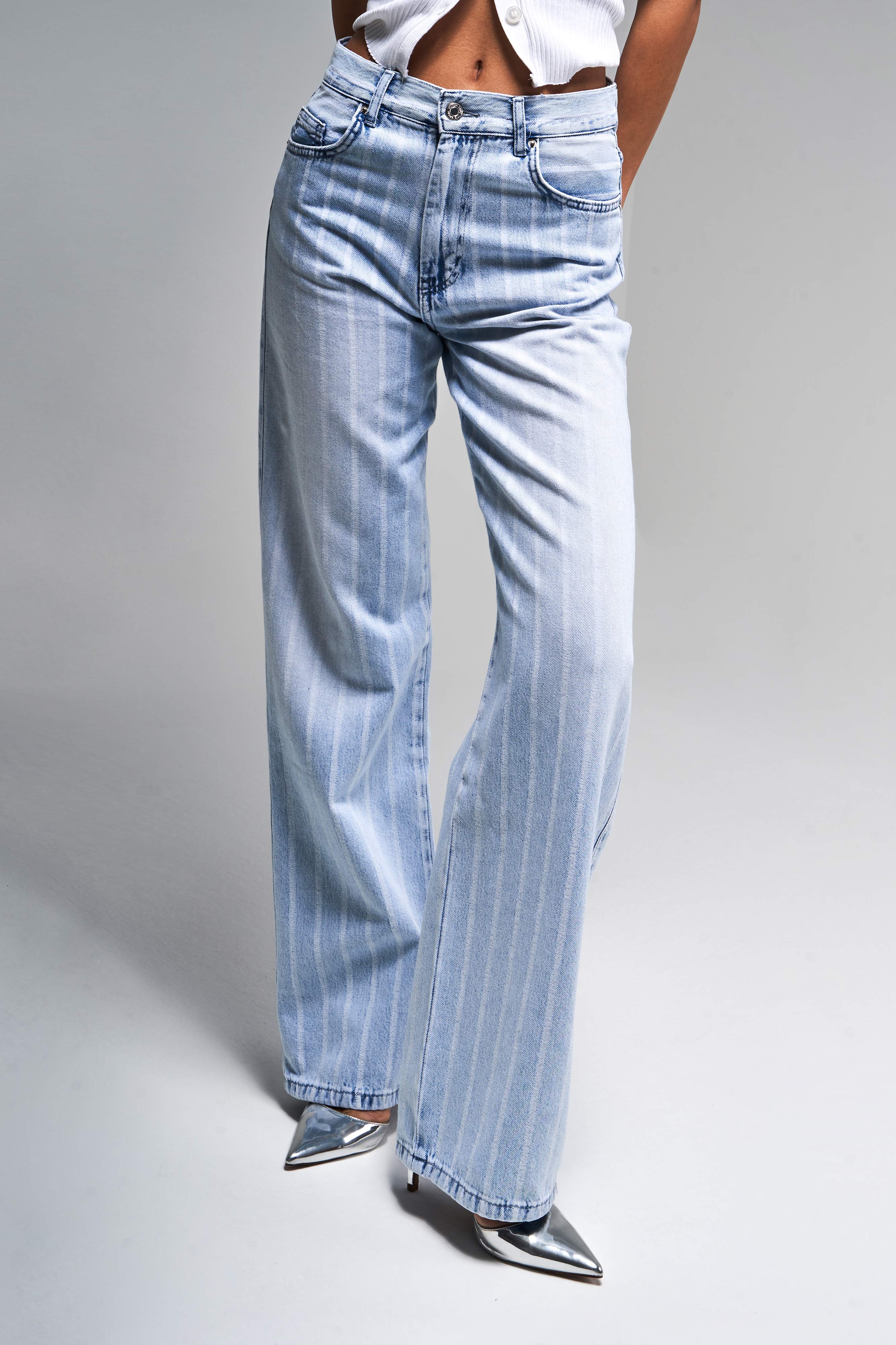 Kadın Kot Rengi 4s5-3 Çizgili Denim Kumaş %100 Koton Straıght Fit Yüksek Bel Denim Jean