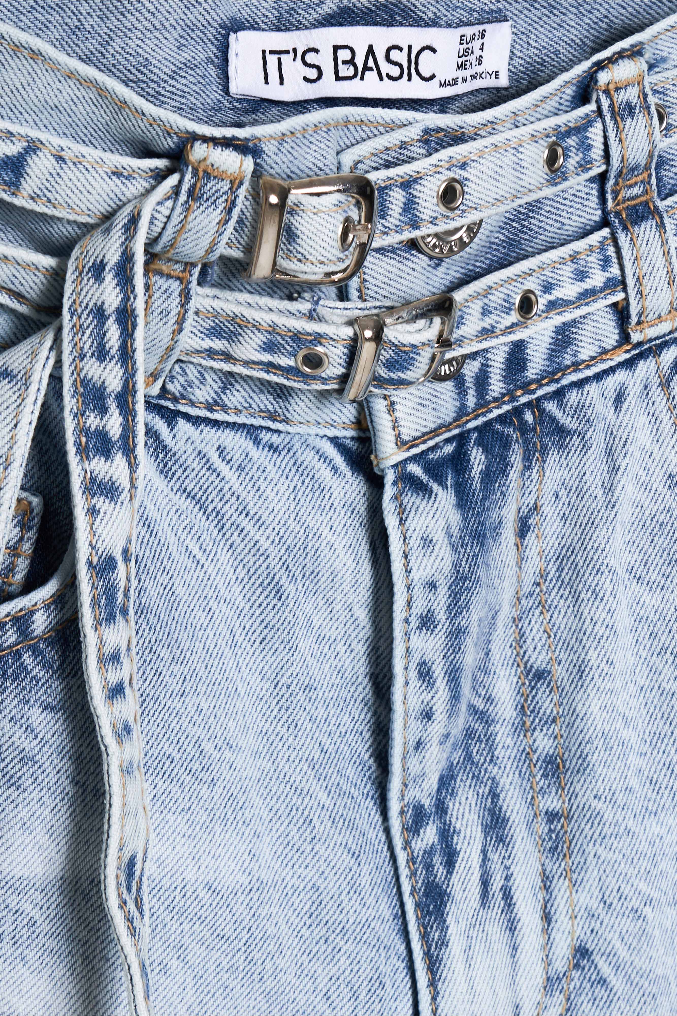 Kadın Kot Rengi 4s5-3 Midi Boy Çift Kemerli %100 Koton Tasarım Denim Şort