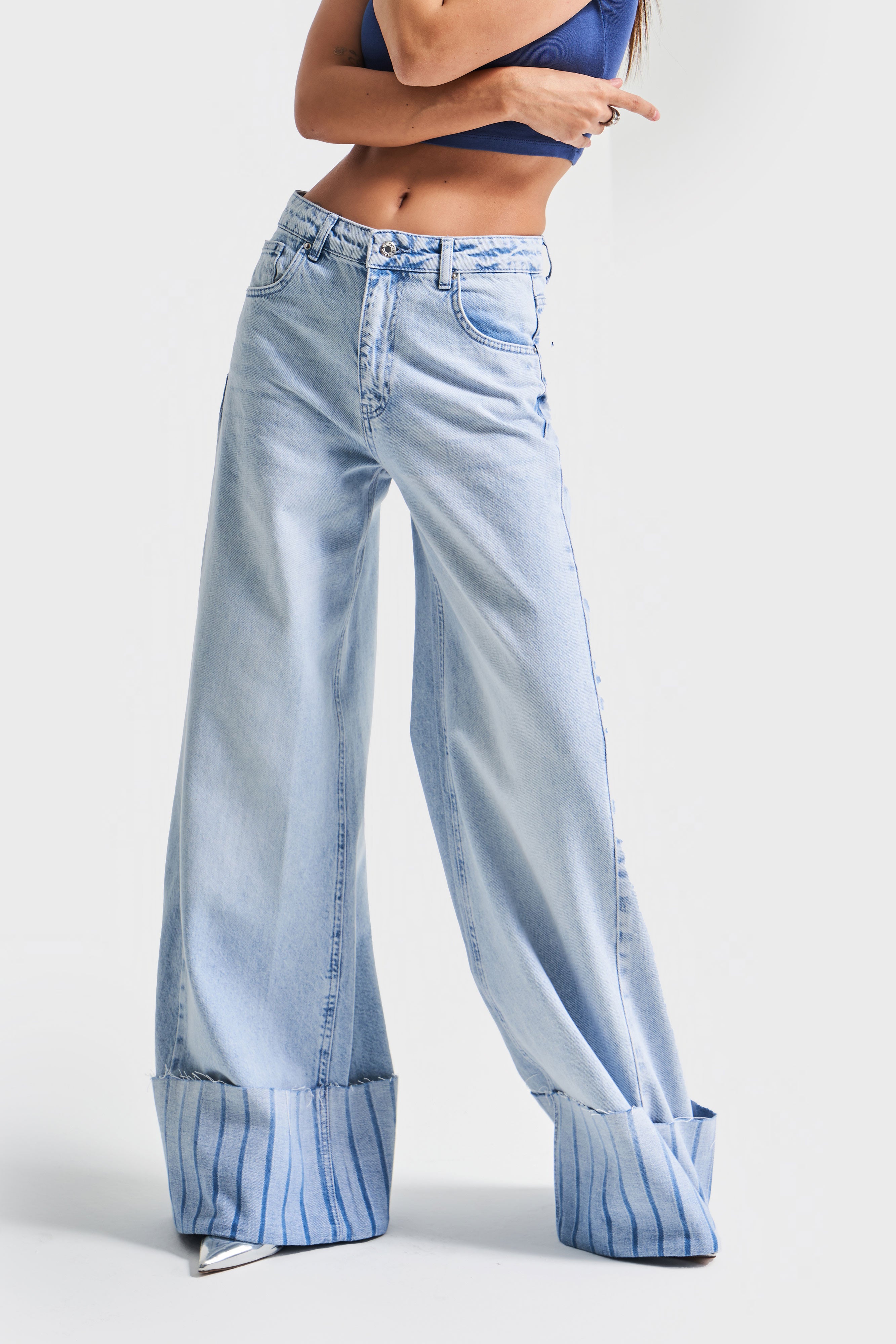 Kadın Kot Rengi 4s5-3 Palazzo Fit Paça Detaylı %100 Koton Orta Bel Tasarım Denim Jean