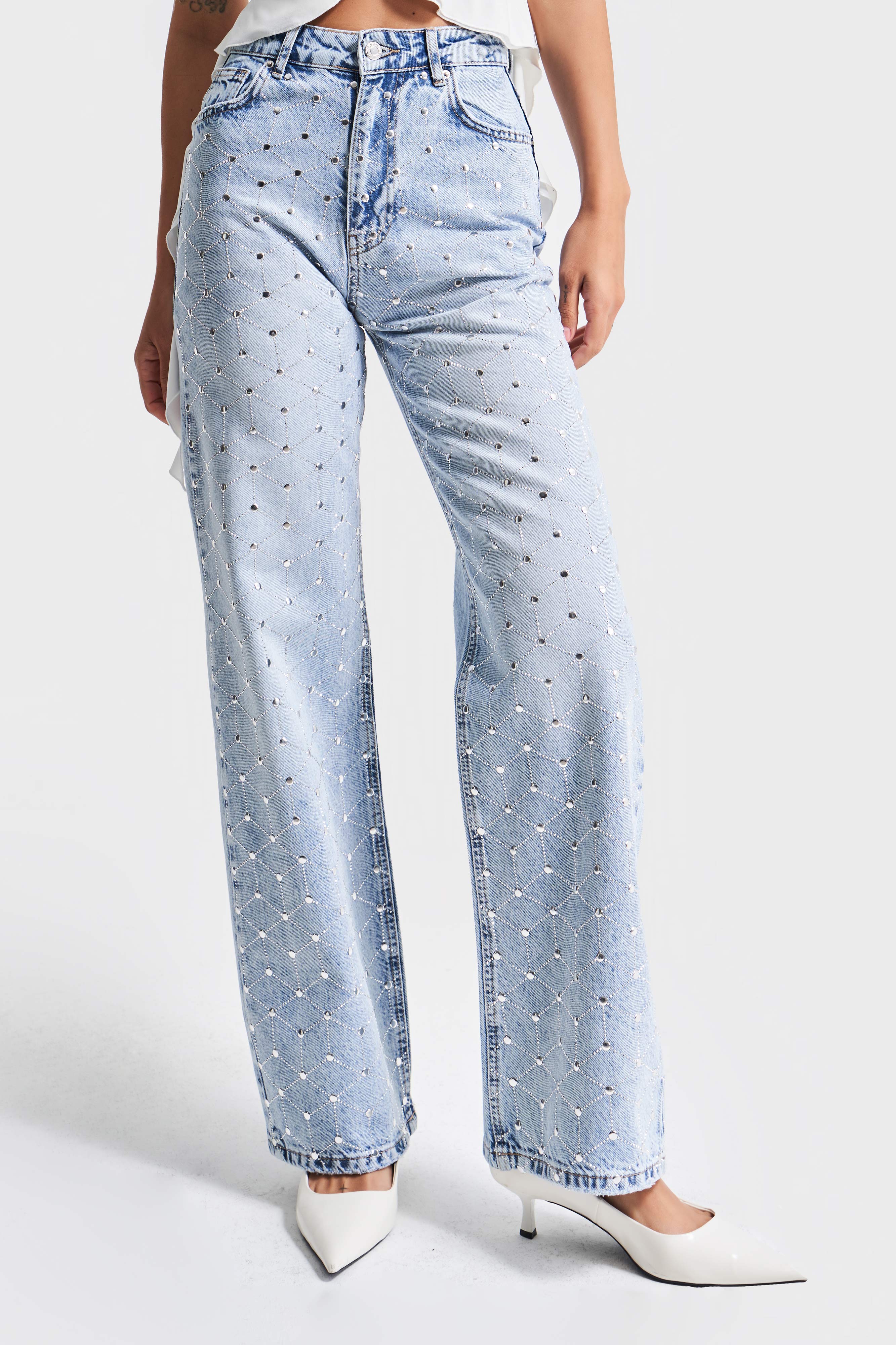 Kadın kot Rengi 4s5-3 Parlak Simetrik Taşlı Straight Fit Yüksek Bel Tasarım Denim Jean
