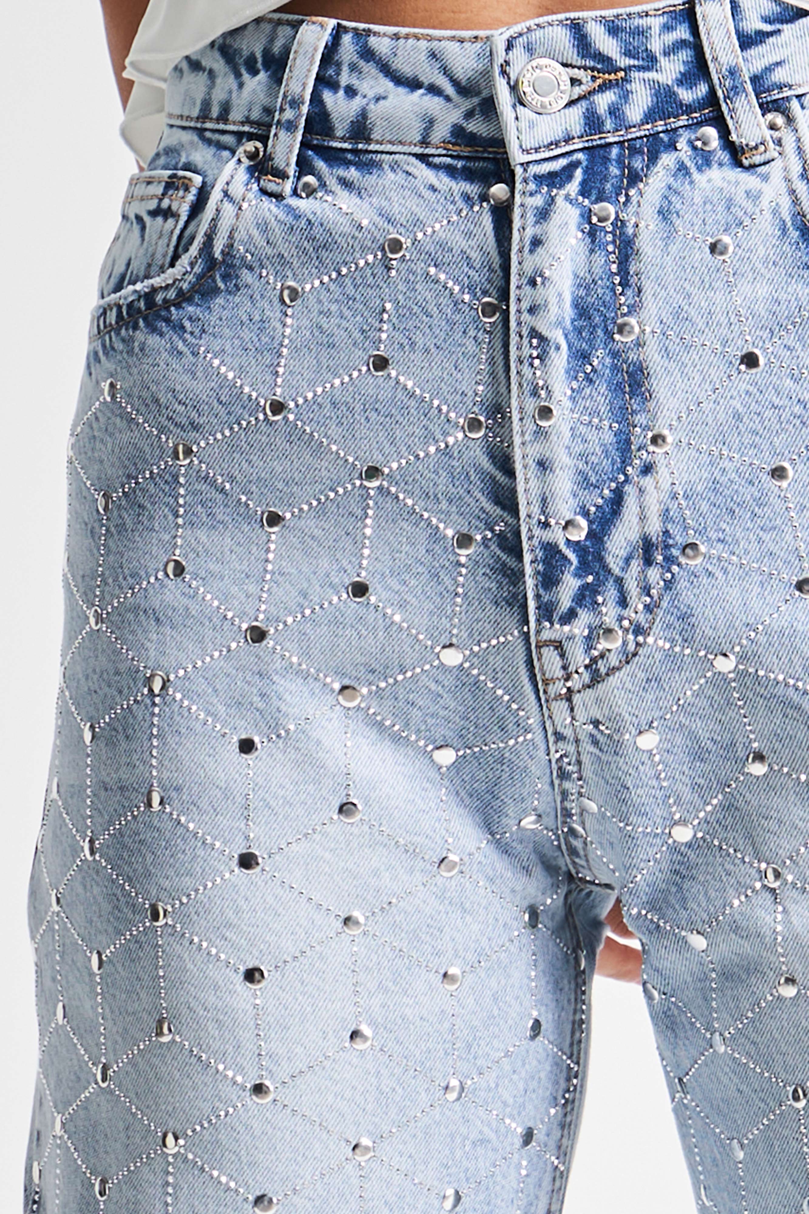 Kadın kot Rengi 4s5-3 Parlak Simetrik Taşlı Straight Fit Yüksek Bel Tasarım Denim Jean