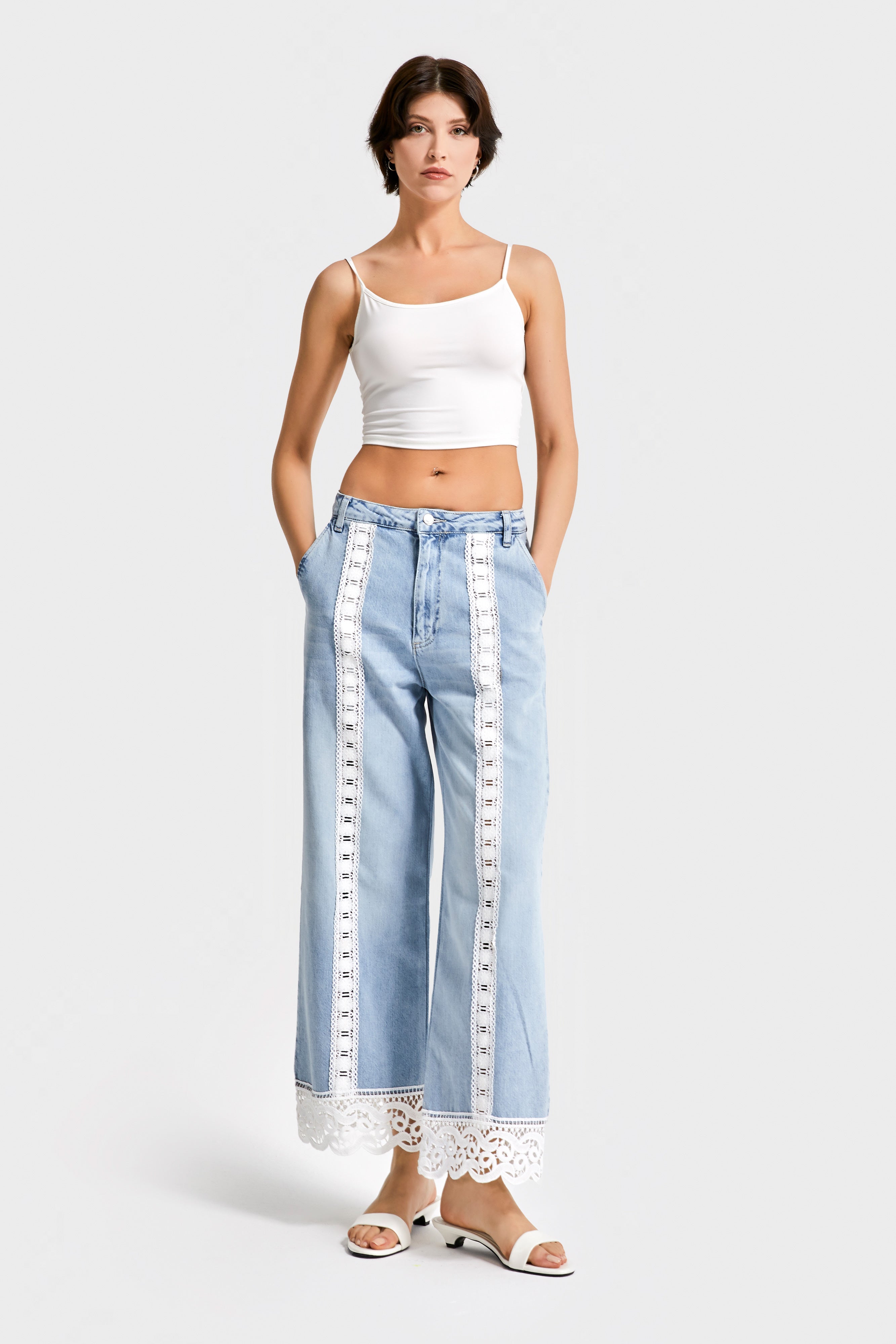 Kadın Kot Rengi 4s5-3 Straight Crop Fit Dantel Detaylı Özel Tasarım Denim Jean