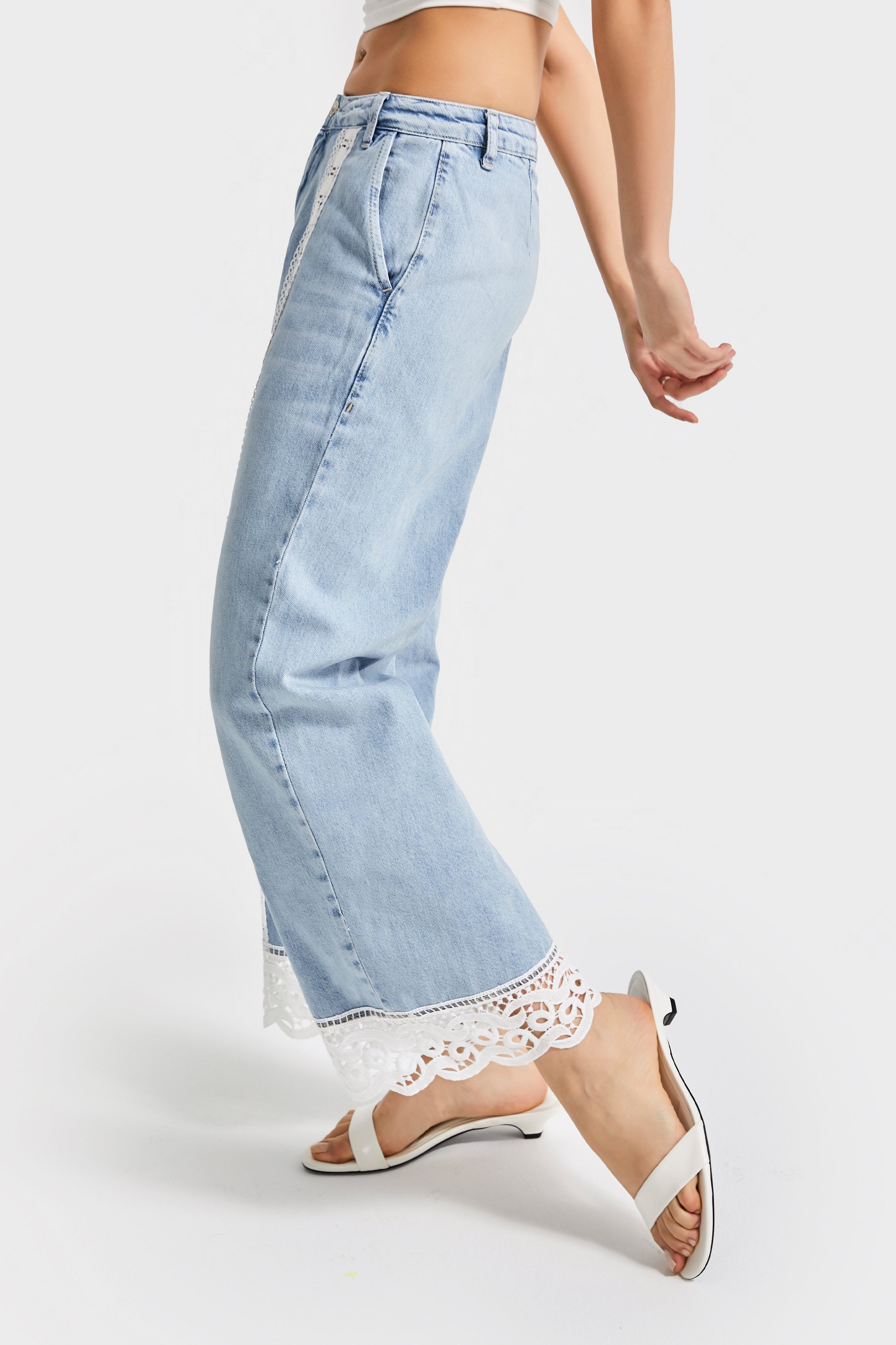 Kadın Kot Rengi 4s5-3 Straight Crop Fit Dantel Detaylı Özel Tasarım Denim Jean