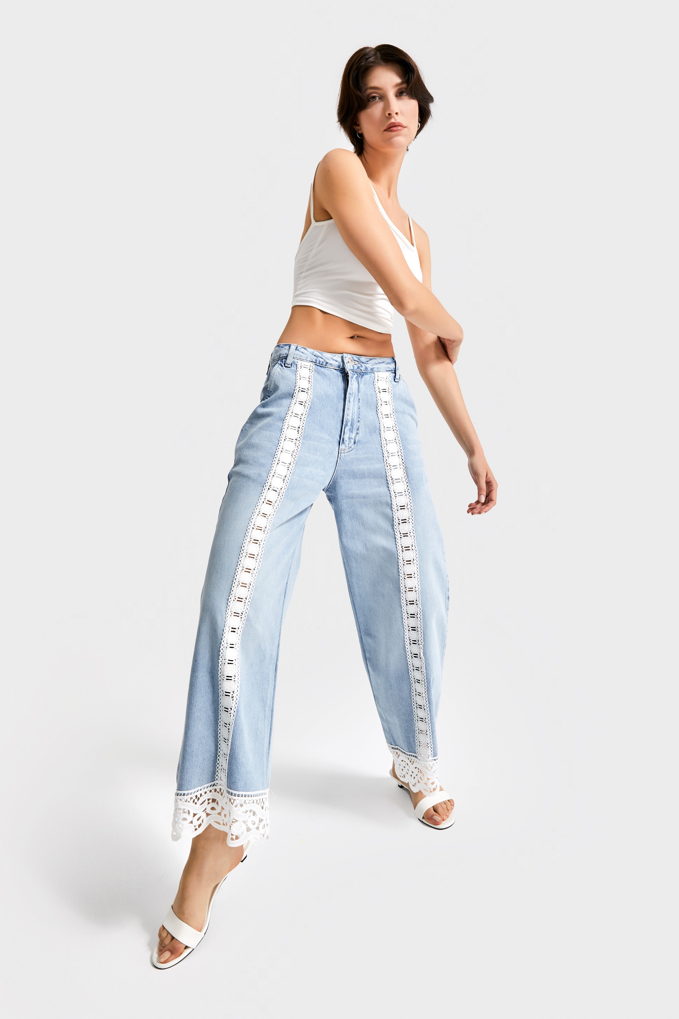 Kadın Kot Rengi 4s5-3 Straight Crop Fit Dantel Detaylı Özel Tasarım Denim Jean