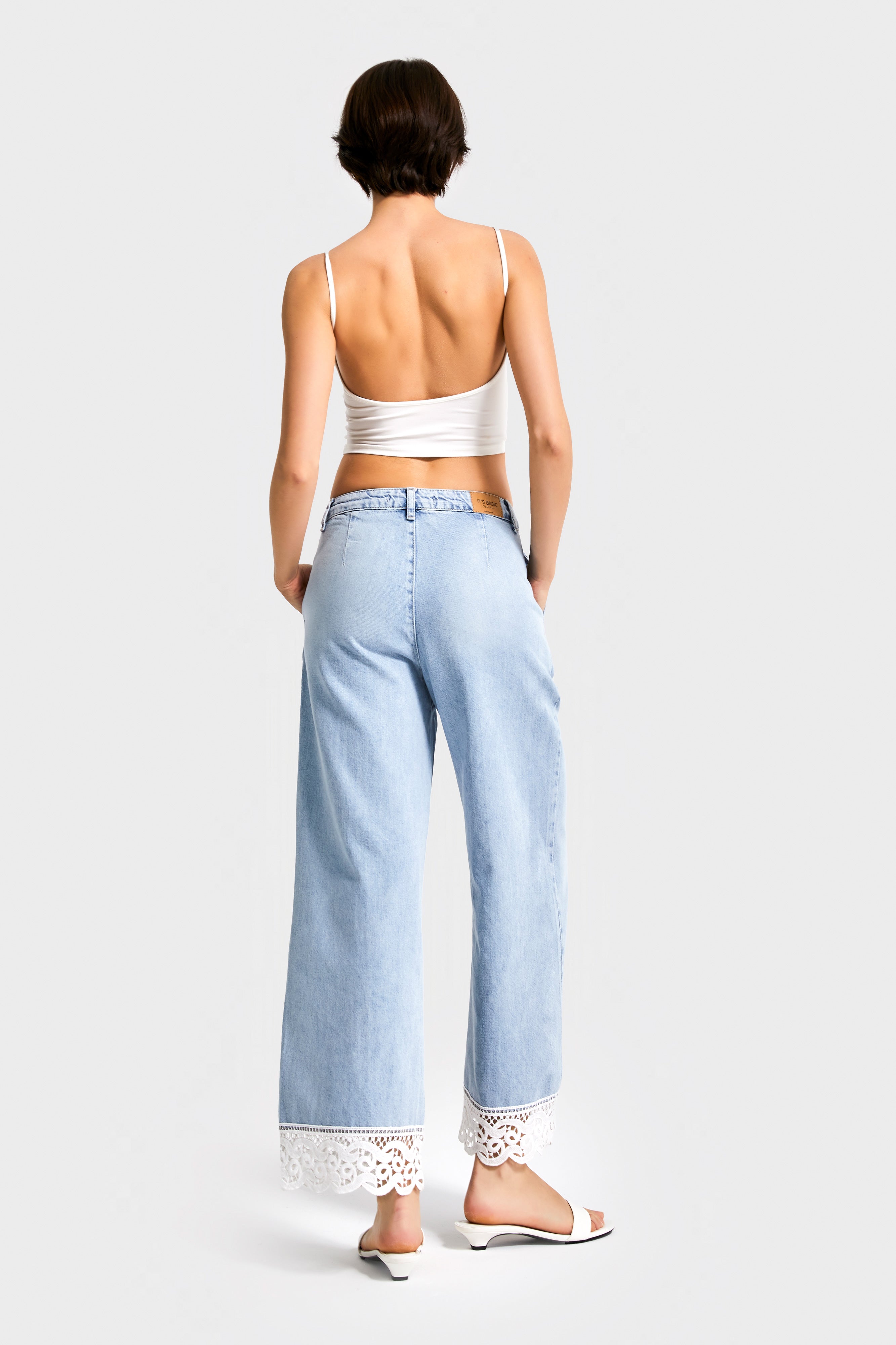 Kadın Kot Rengi 4s5-3 Straight Crop Fit Dantel Detaylı Özel Tasarım Denim Jean