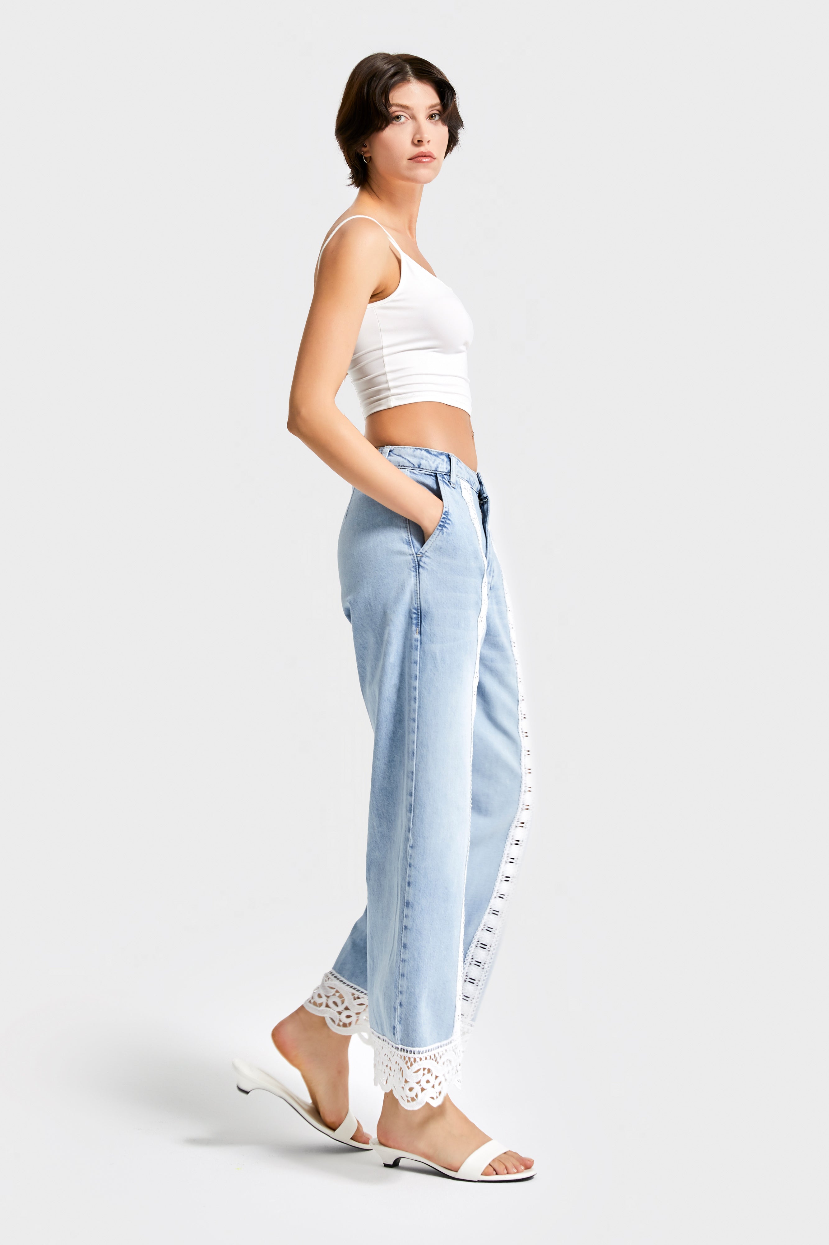 Kadın Kot Rengi 4s5-3 Straight Crop Fit Dantel Detaylı Özel Tasarım Denim Jean